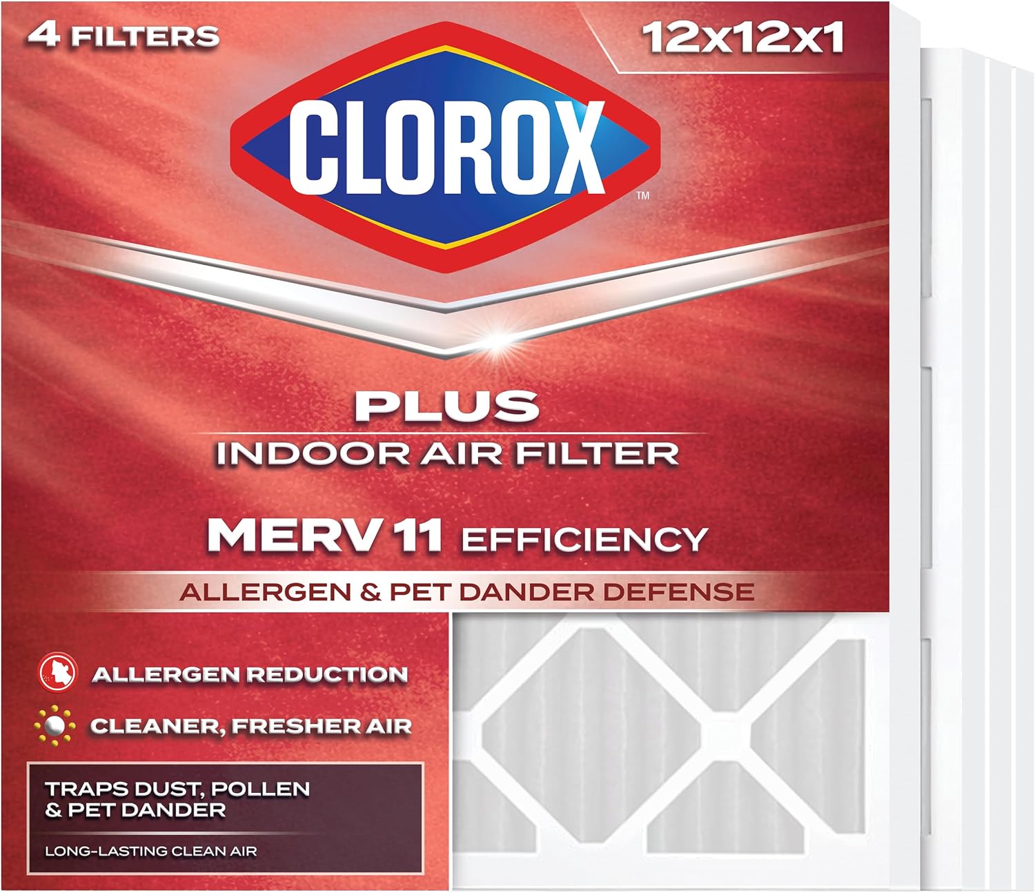 Clorox 12x12x1 Air Filter, MERV 11 Pleated HVAC AC Furnace Air Filters for Dust, Pollen and Pet Dander, MPR 1000 & FPR 7 – Pack of 4