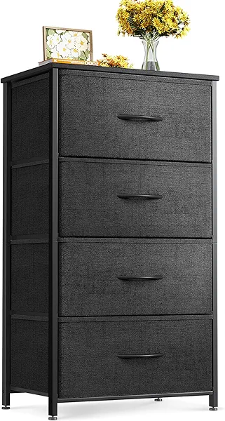 ODK Dresser for Bedroom with 4 Storage Drawers, Small Dresser Chest of Fabric Drawers with Sturdy Steel Frame, Wood Top, Black