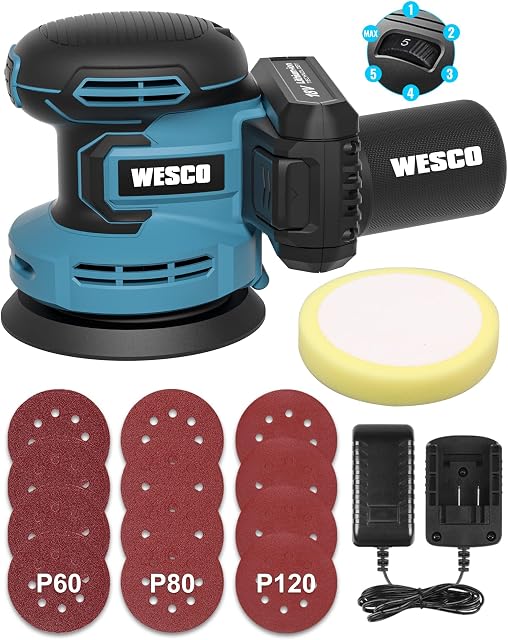 Orbital Sander, WESCO 18V Cordless Random Orbital Sander with 12Pcs Sandpapers & Collection Bag, 11000 RPM Max 6 Speeds Sander,360°Rotating Sanding Base Plate, for Sanding, Polishing Metal/Wood