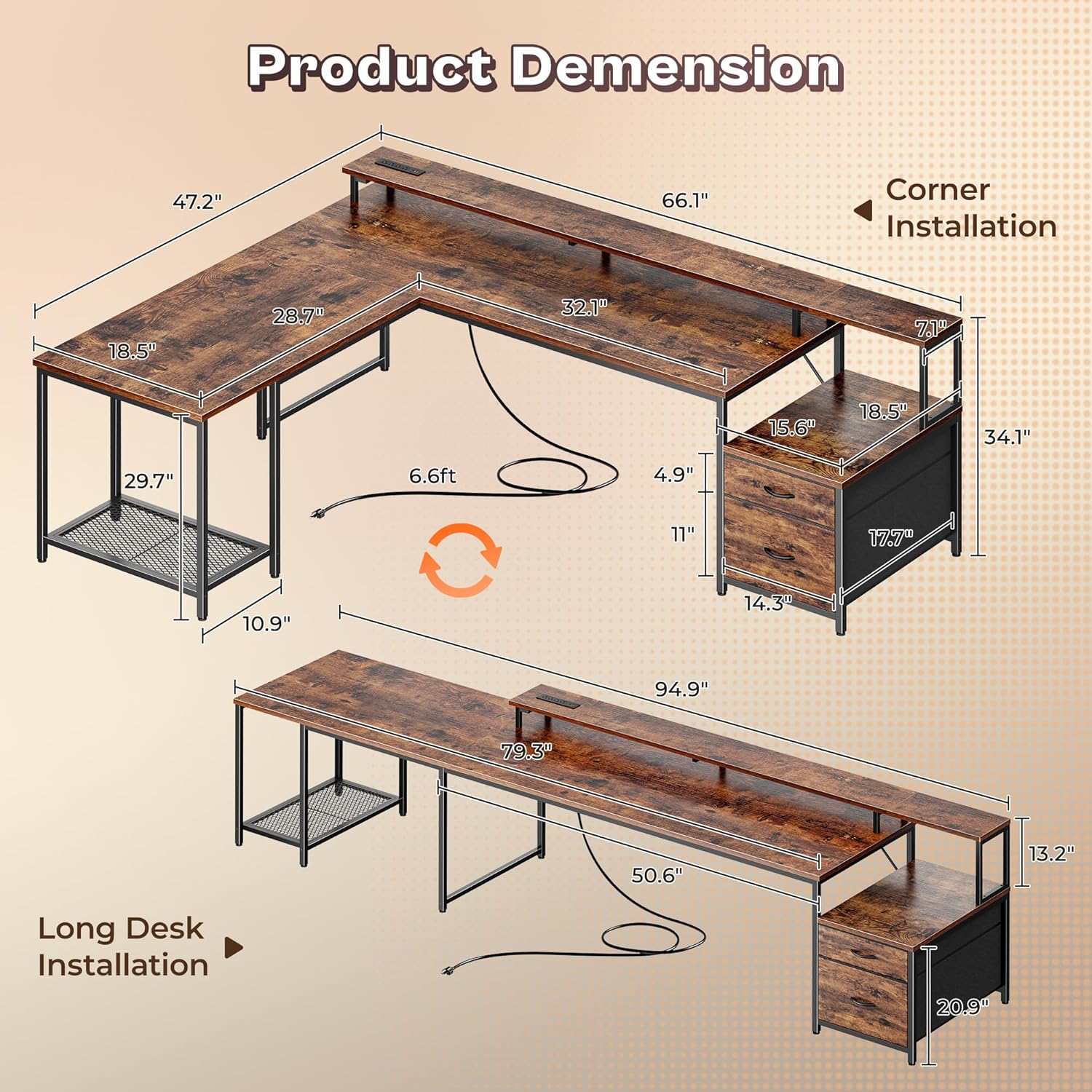 PRAISUN 66" L Shaped Gaming Desk with LED Lights & Power Outlets, Computer Desk with Fabric Drawers and Print Stand, Corner Office Desk, Monitor Stand, Mesh CPU Stand, Rustic Brown