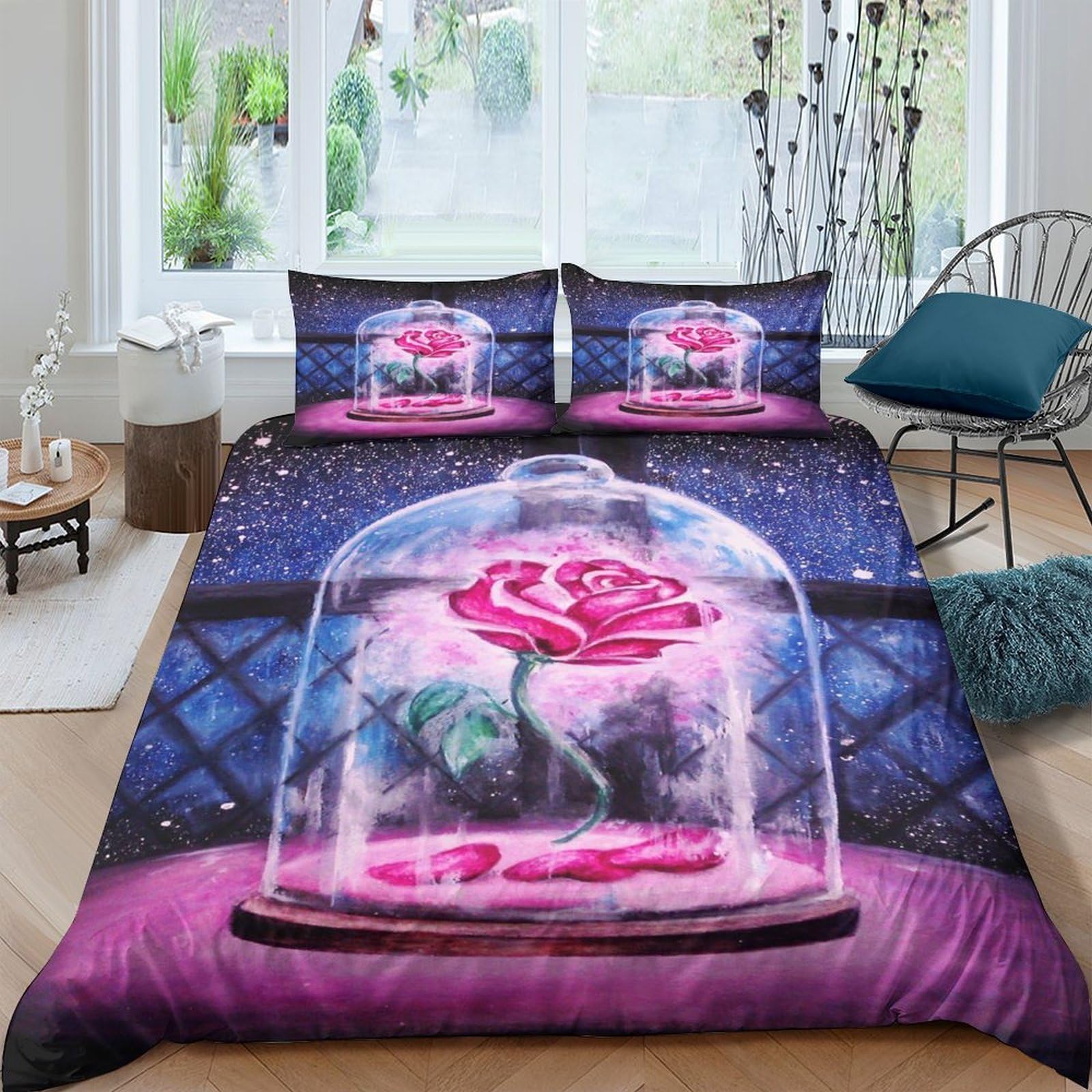 GPLZQXKJNH 3D Printed Enchanted Rose Duvet Cover Microfiber Soft Breathable Glass Dome Bedding Set with 2 Pillowcases for Bedroom Decor Single（135x200cm）