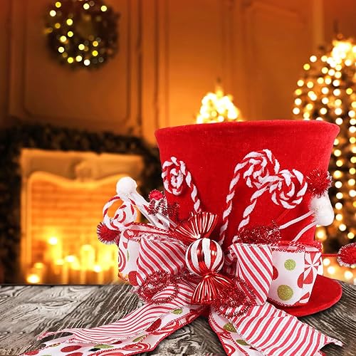 Miniatura 4 de HMASYO - Sombrero de adorno para árbol de Navidad, sombrero de terciopelo negro grande con lazo rojo a cuadros y cinta alargada, decoraciones de