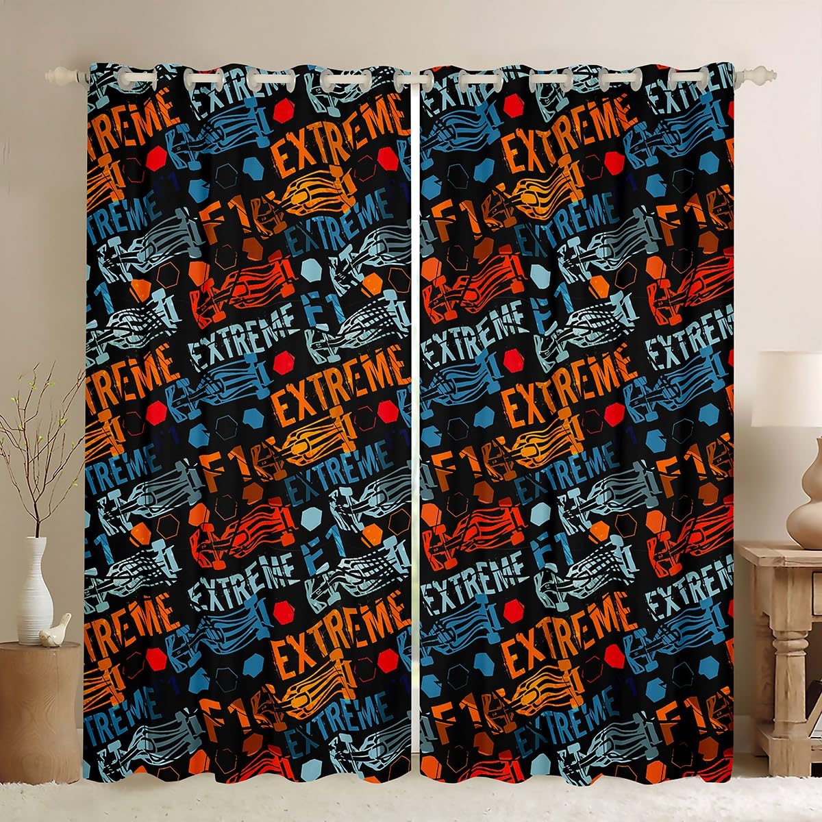 Homemissing Race Car Darkening Drapes Speed Sports Car Curtains for Bedroom Living Room Kids Boys Girls Decor Racing Car 30%-50% Blackout Curtains Extreme Sports Window Treatments Cartoon W66*L90