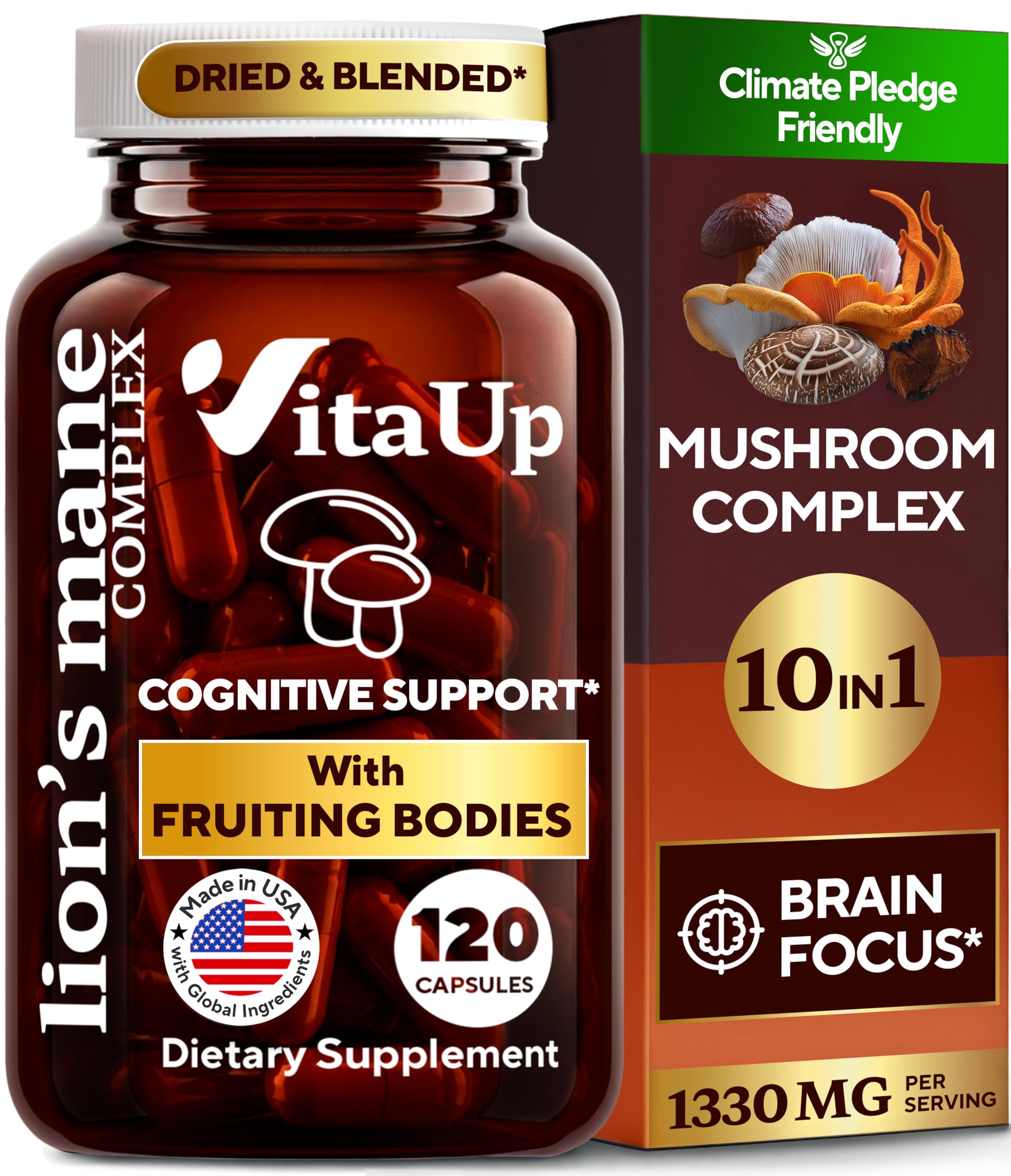 Lions Mane Supplement Capsules - USA Made 10 in 1 Mushroom Supplement - Mushroom Complex with Lions Mane, Cordyceps, Turkey Tail, Reishi, Shiitake for Cognitive & Immune Support - 120 Count