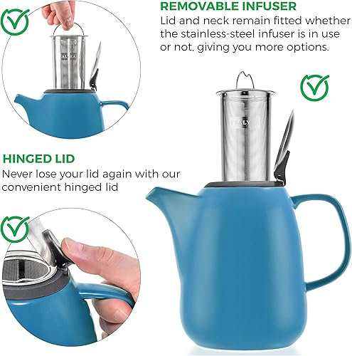 Miniatura 3 de Tealyra - Tetera grande de cerámica Daze Turquesa - 47 onzas 6-7 tazas - Con tapa de acero inoxidable infusor extrafino para té de hojas sueltas -