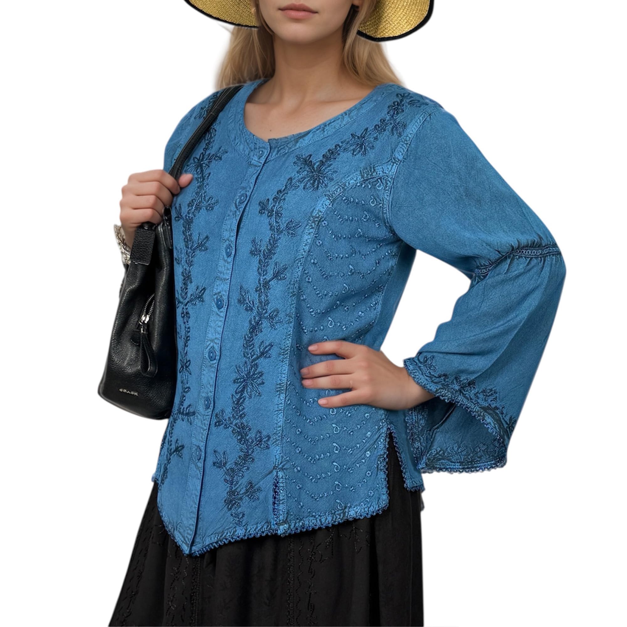 Agan Traders 2026 Winter Gypsy Medieval Long Sleeve Embroidered Tops for Women - Button Down Renaissance Women's Blouses