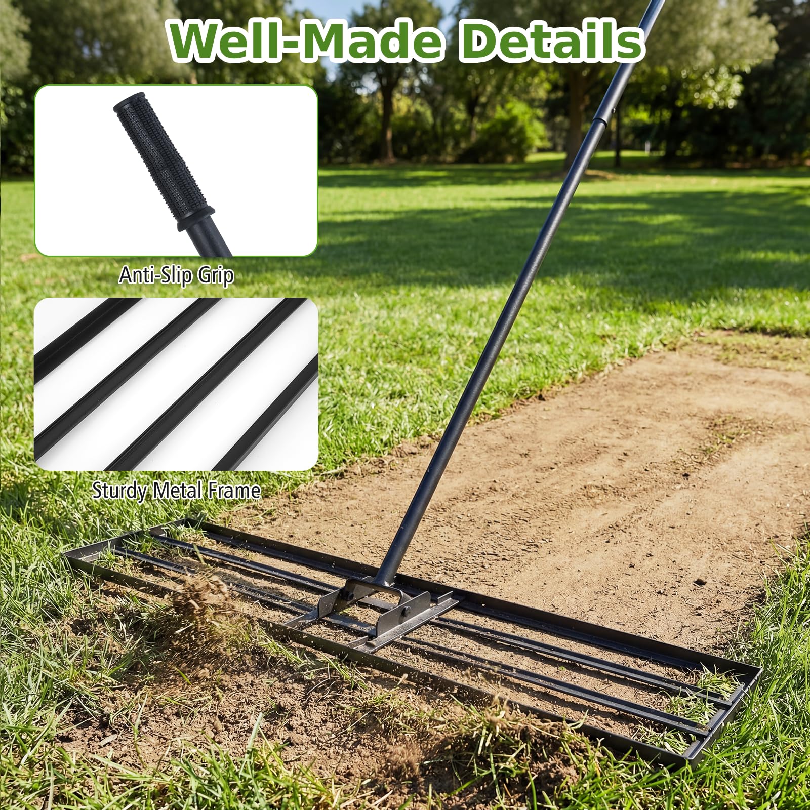 Rastrello livellatore per prato, livellatore per prato in metallo resistente con manico regolabile, strumento per livellare il terreno senza fatica per giardino, prato, campo da golf (verde, 42" x 1