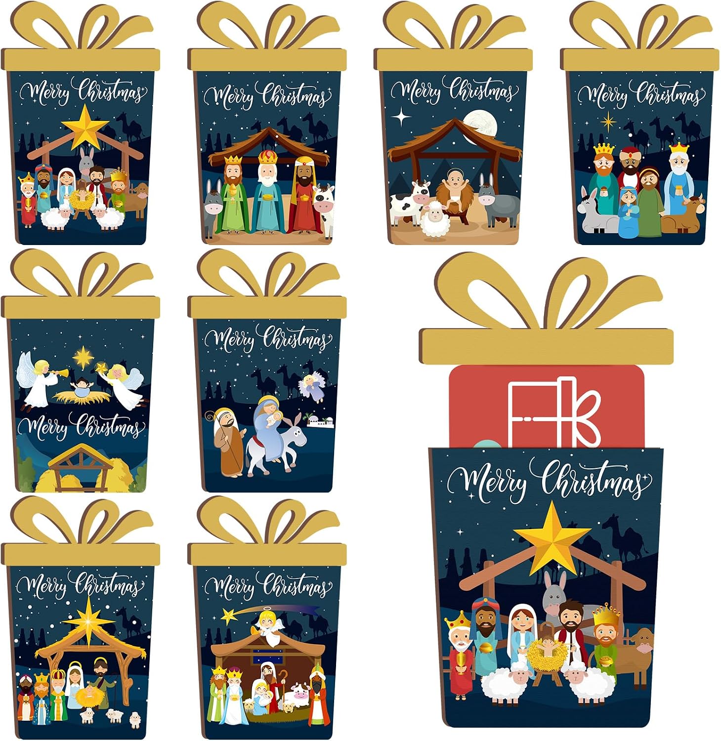 RattanView 8 Pcs Nativity Scene Wood Xmas Appreciation Gift Card Holder