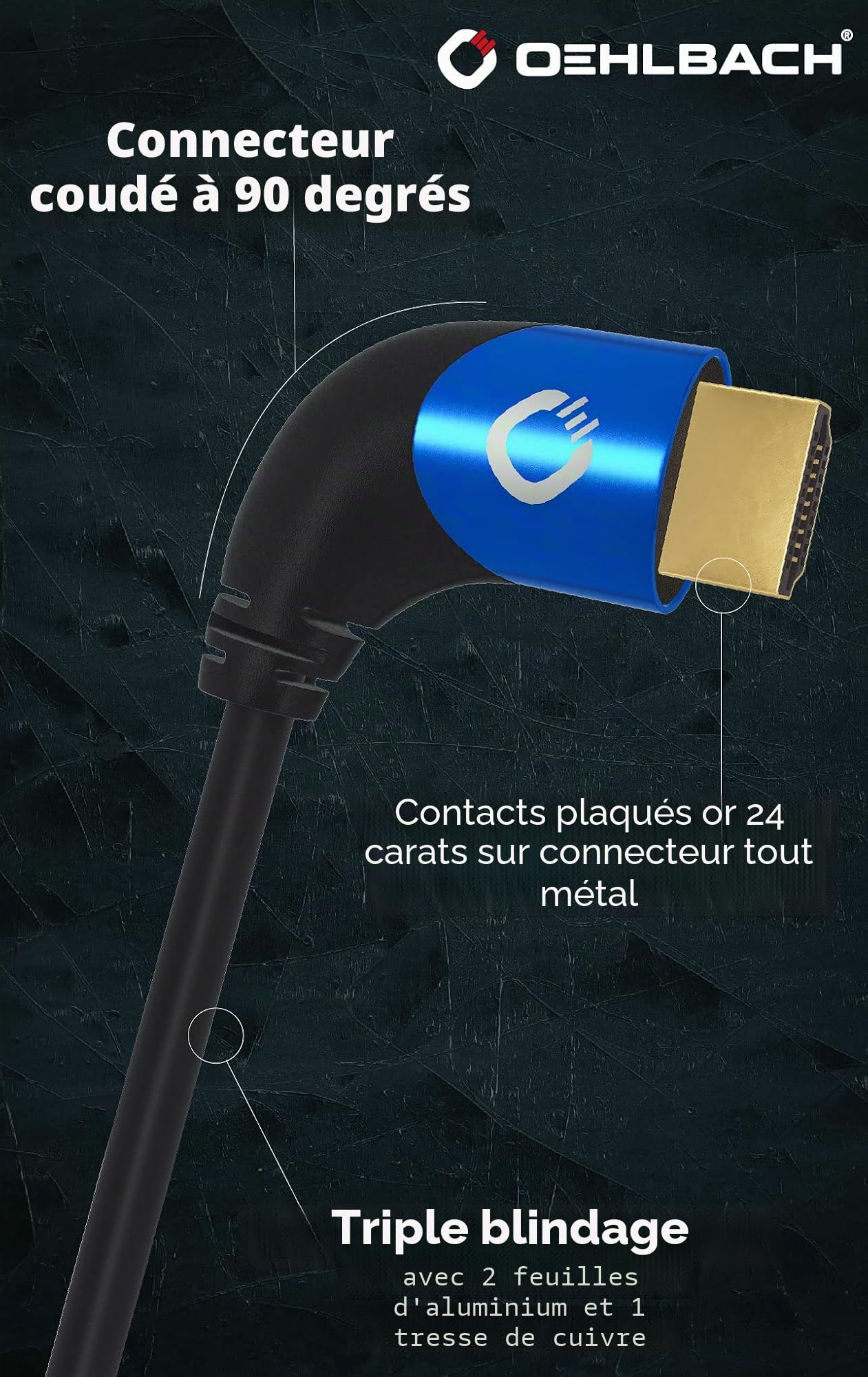 Oehlbach Shape Magic 90 UHD Câble HDMI 2.1 8K Ultra High Speed – Certifié 48 Gbps (fiche coudée à 90 °, cuivre OFC, 4K @ 120 Hz, 8K @ 60 Hz, eARC, HDR dynamique) noir 2 m