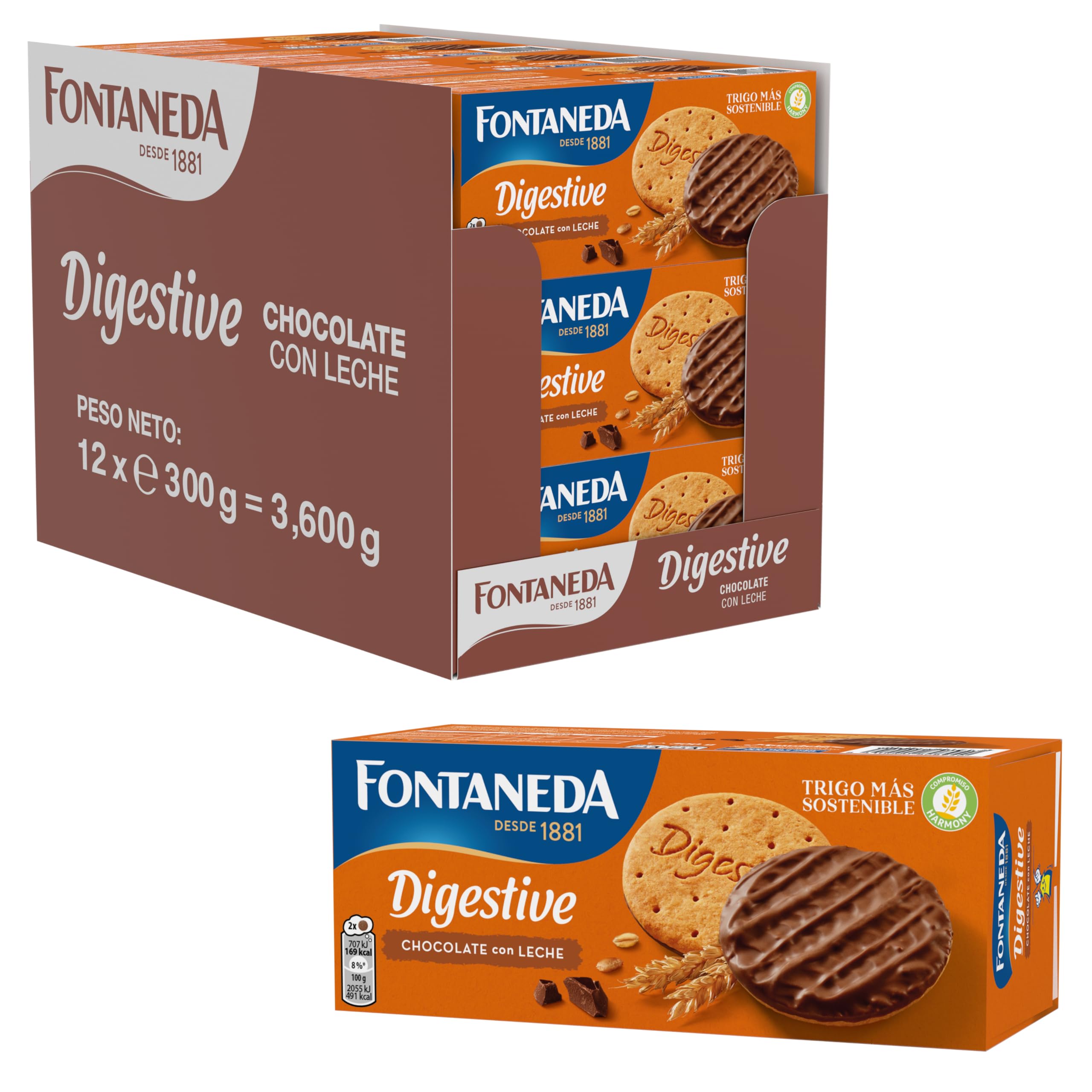 Fontaneda Galletas Digestive, Chocolate con Leche, 12 Cajas de 300g