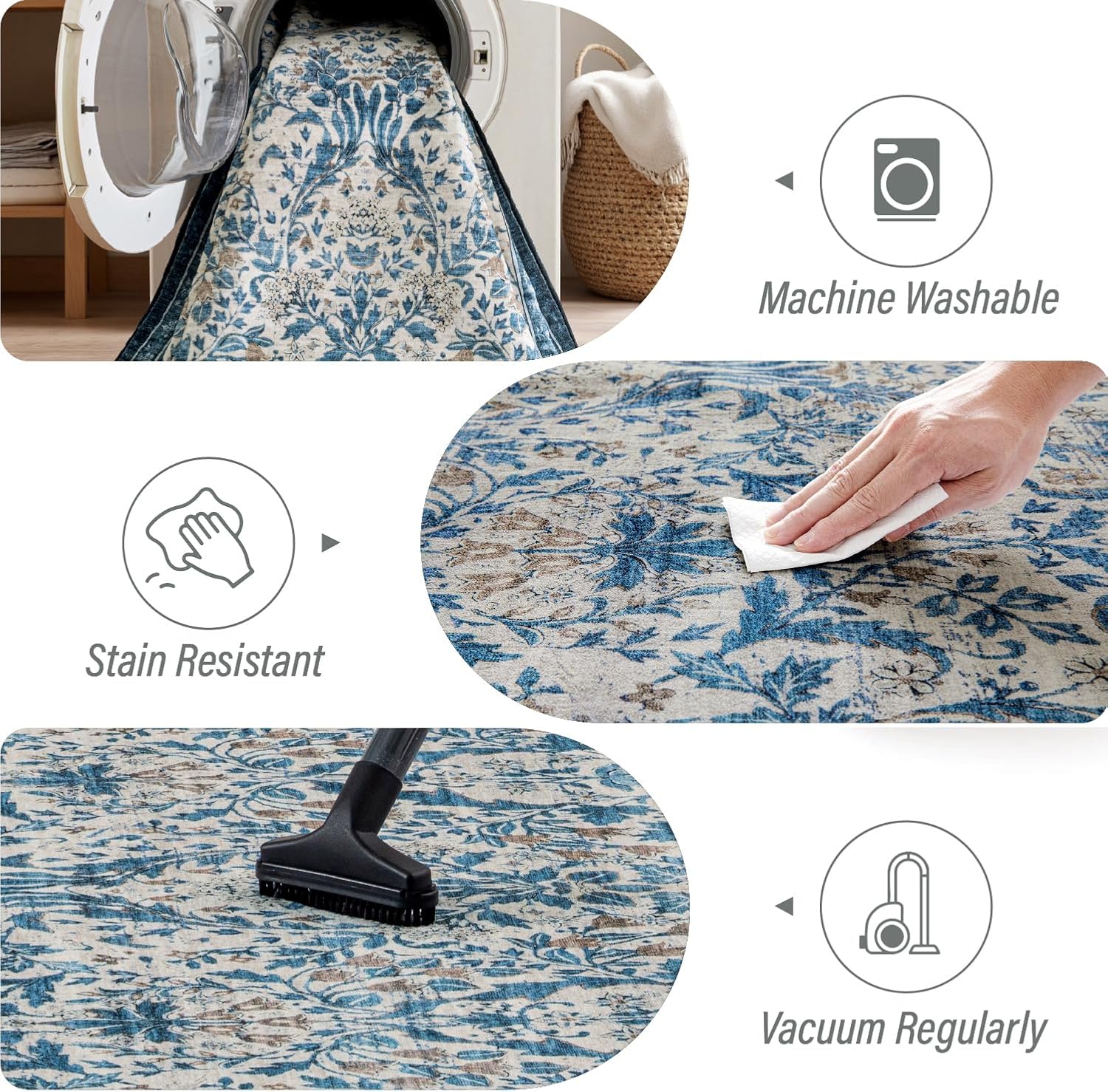 Woaboy Washable 5x7 Area Rug for Living Room Bedroom Dining Room Office, Non-Slip Low Pile Stain Resistant Soft Carpet for Vintage Floral Oriental Home Decor Blue