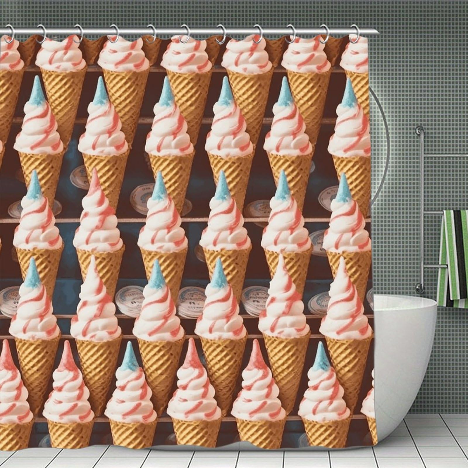 VstaDank Ice Cream Cones Fifties Time Shower Curtain Light-Weight Blackout Bathroom Curtain Washable Shower Liner 71x71 Inch Bath Curtain with Metal Holes Bathtub Bath Room