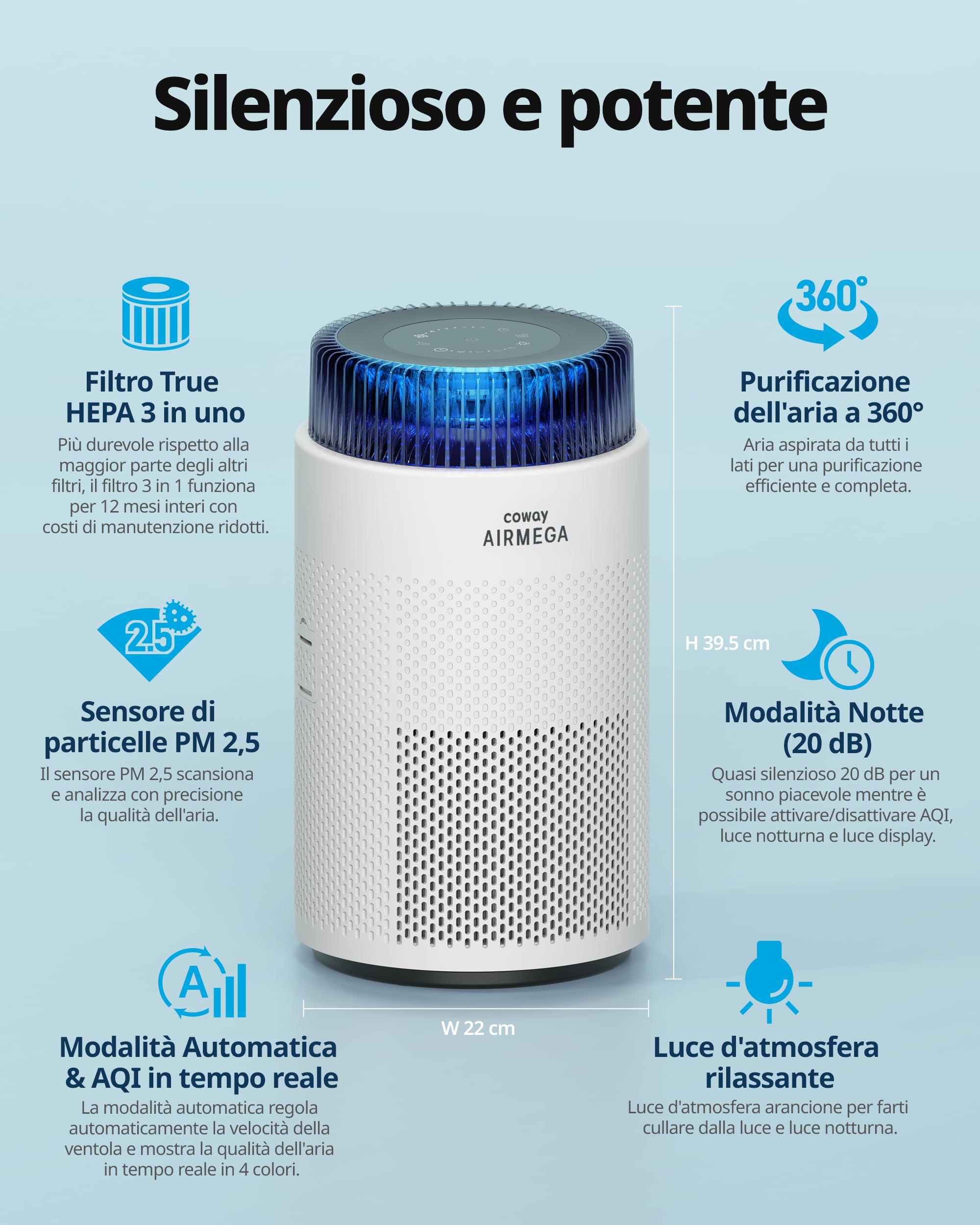 COWAY Air Purifier for Bedroom, Ultra-Quiet 20dB, HyperCaptive System, Removes 99.999% of Particles up to 0.01 Microns, CADR 244m³/h, Ideal for Allergies and Pollen – AIRMEGA 100