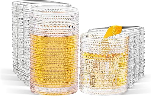 Miniatura 8 de Vasos altos vintage azules con reborde y pajitas, juego de 12 vasos de vidrio para cócteles, whisky, cerveza y jugo (15 onzas y 12 onzas)