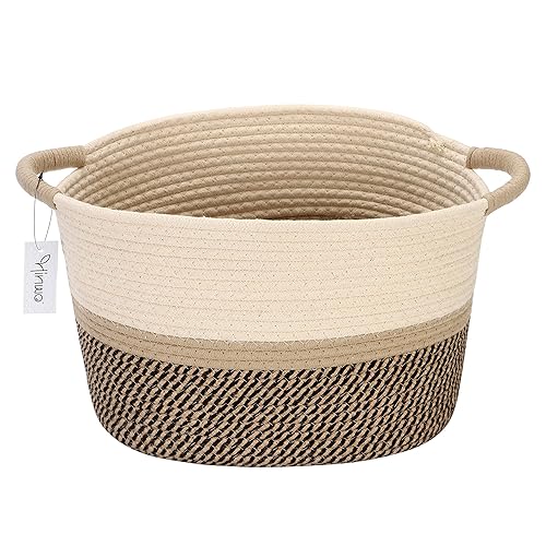 Hinwo Cesta de almacenamiento ovalada de cuerda de algodón, plegable, organizador con asas, 13 x 10 pulgadas, color crema, caqui y negro