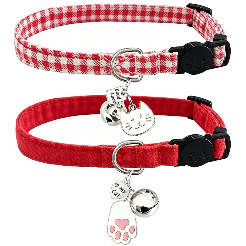 Coleira para Gatos de Algodão com Fecho Breakaway, Guizo e Pingentes Vermelha TenderSnout — Pacote com 2