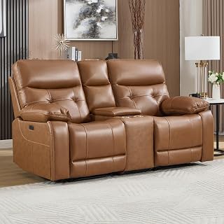 Genuine Leather Power Recliner Loveseat, 2 Seat Loveseat Reclining Sofa with Storage Console,Hidden Cup Holders,Modern Electric Recliner Couch Set for Living Room, Bedroom,Brown