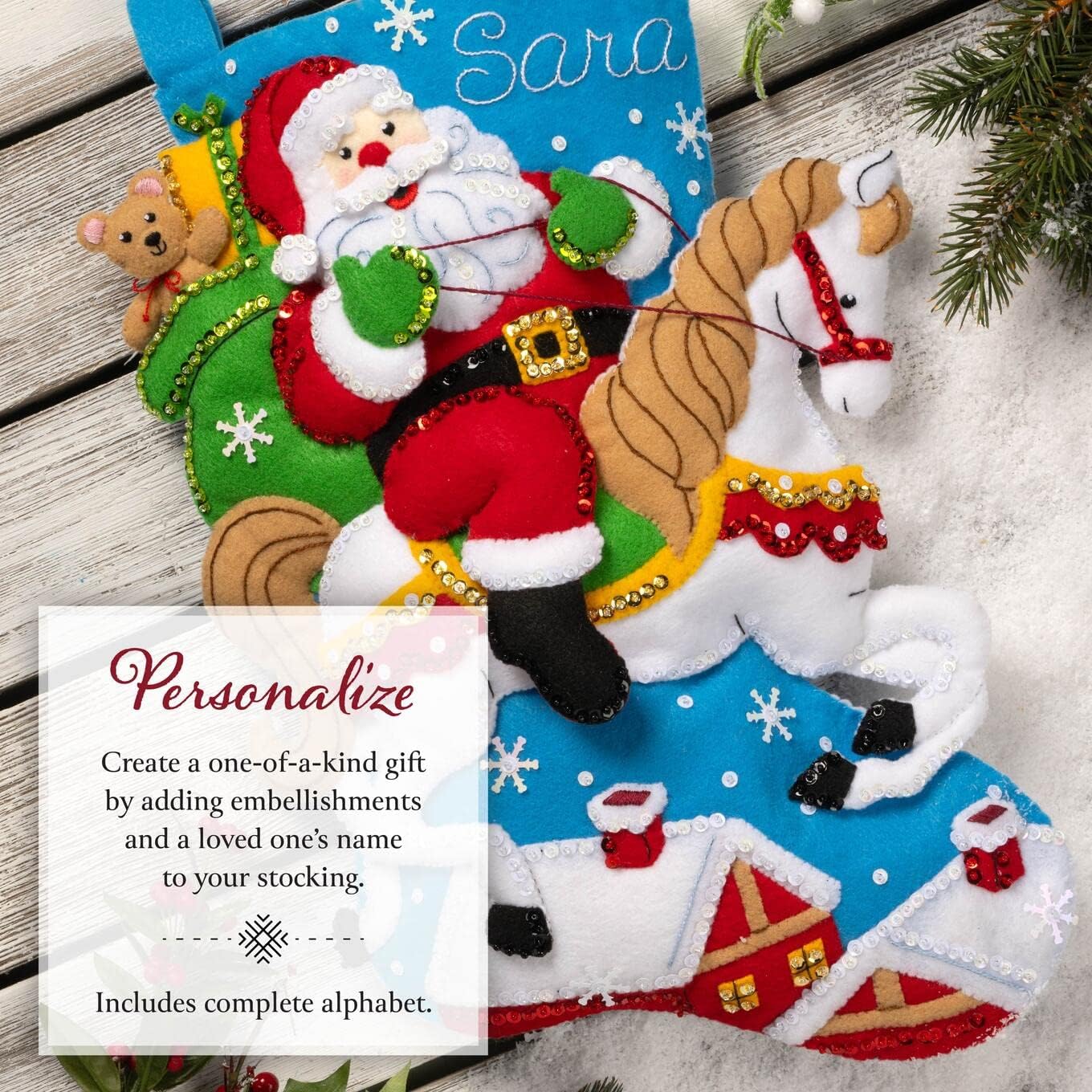 Bucilla Felt Applique 18" Stocking Making Kit, Holiday Horse Ride, Perfect for DIY Arts and Crafts, 89589E