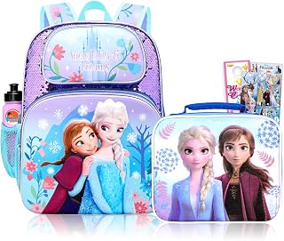 Disney 겨울왕국 백팩 및 런치 박스 세트, 여아 학교 번들, 기타 | 40.6cm(16인치) 대형 내구성 안나 엘사 책가방, 단열 도시락 상자, 물병, 스티커 등 포함 - Disney 겨울왕국 학교 용품