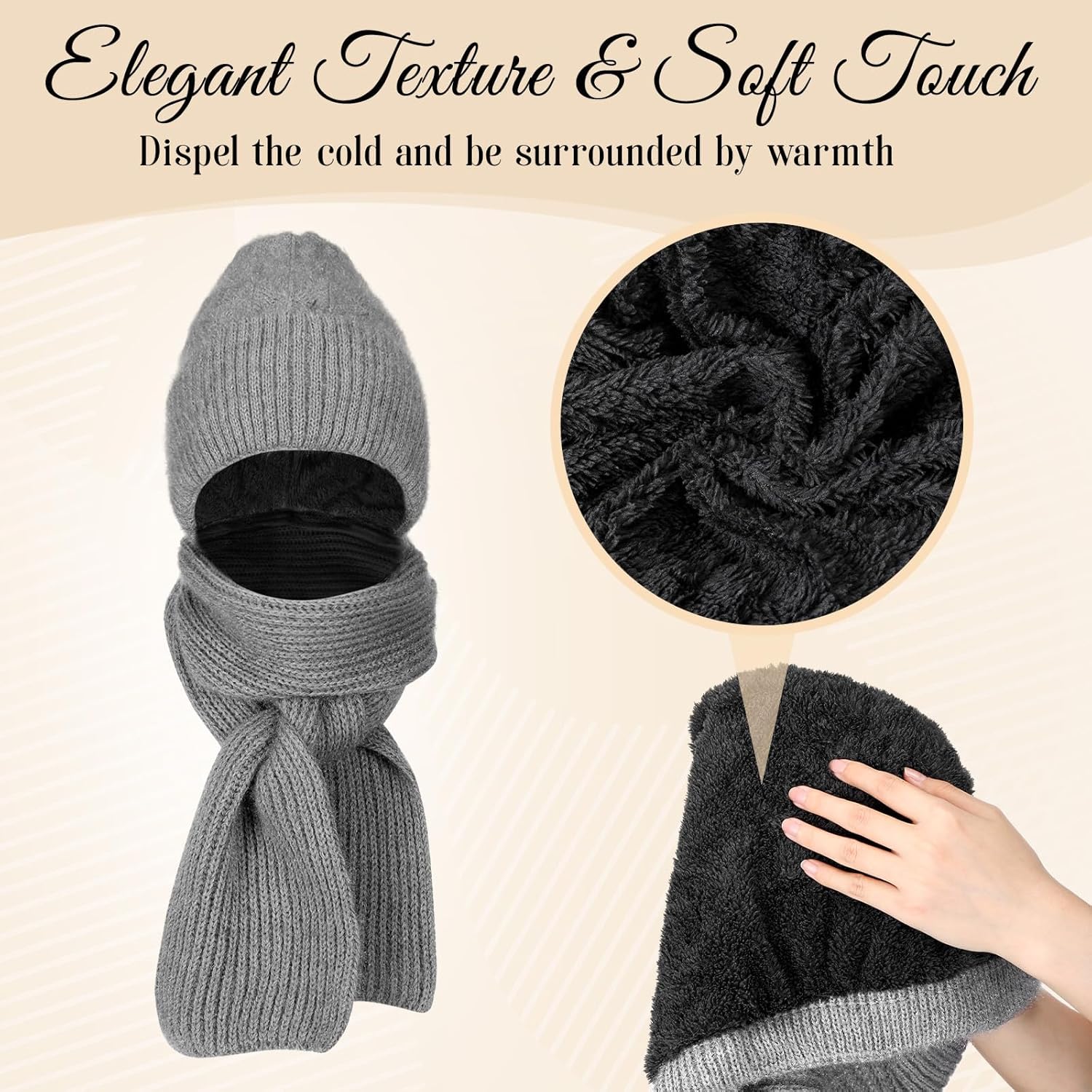 Shihanee 3 Pcs Hooded Scarf for Women Warm Winter Knitted Scarf Integrated Ear Protection Windproof Hat Elastic Knitting Thick Cap for Women - Image 3