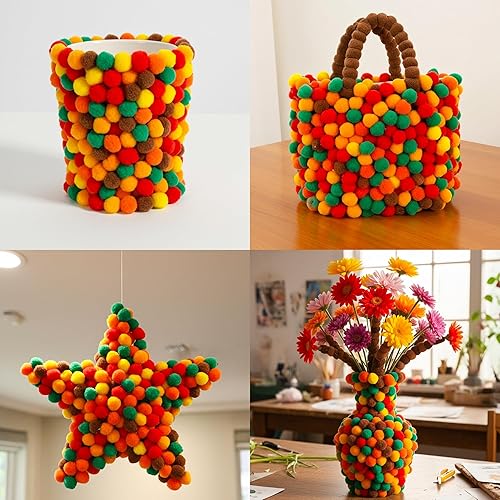 Miniatura 74 de Caydo [400 piezas] - 300 pompones surtidos de 1 pulgada con 100 pompones multicolor para artes y manualidades para niños, decoración de manualidades