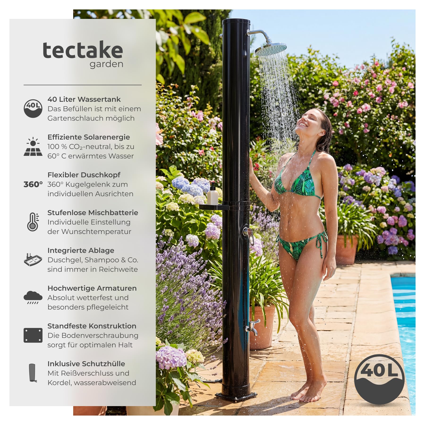 TecTake® Solardusche, 40 l, bis 60° C warmes Wasser, drehbarer Regenduschkopf, Gartenschlauch-Anschluss, Solar Dusche, Solarduschen, Solar Duschen, Garten Solardusche, Camping Solardusche - schwarz