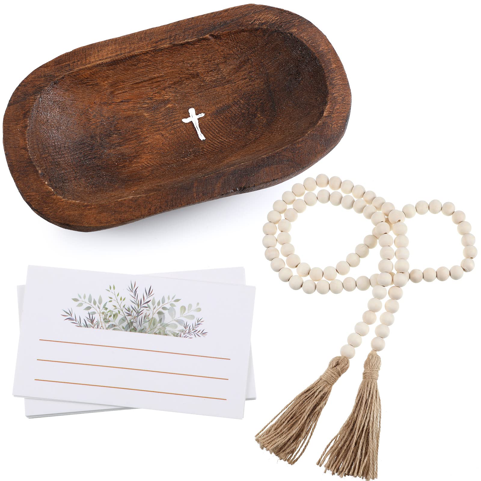 Regalos espirituales para bendición con cuenco de madera rústica y cruz