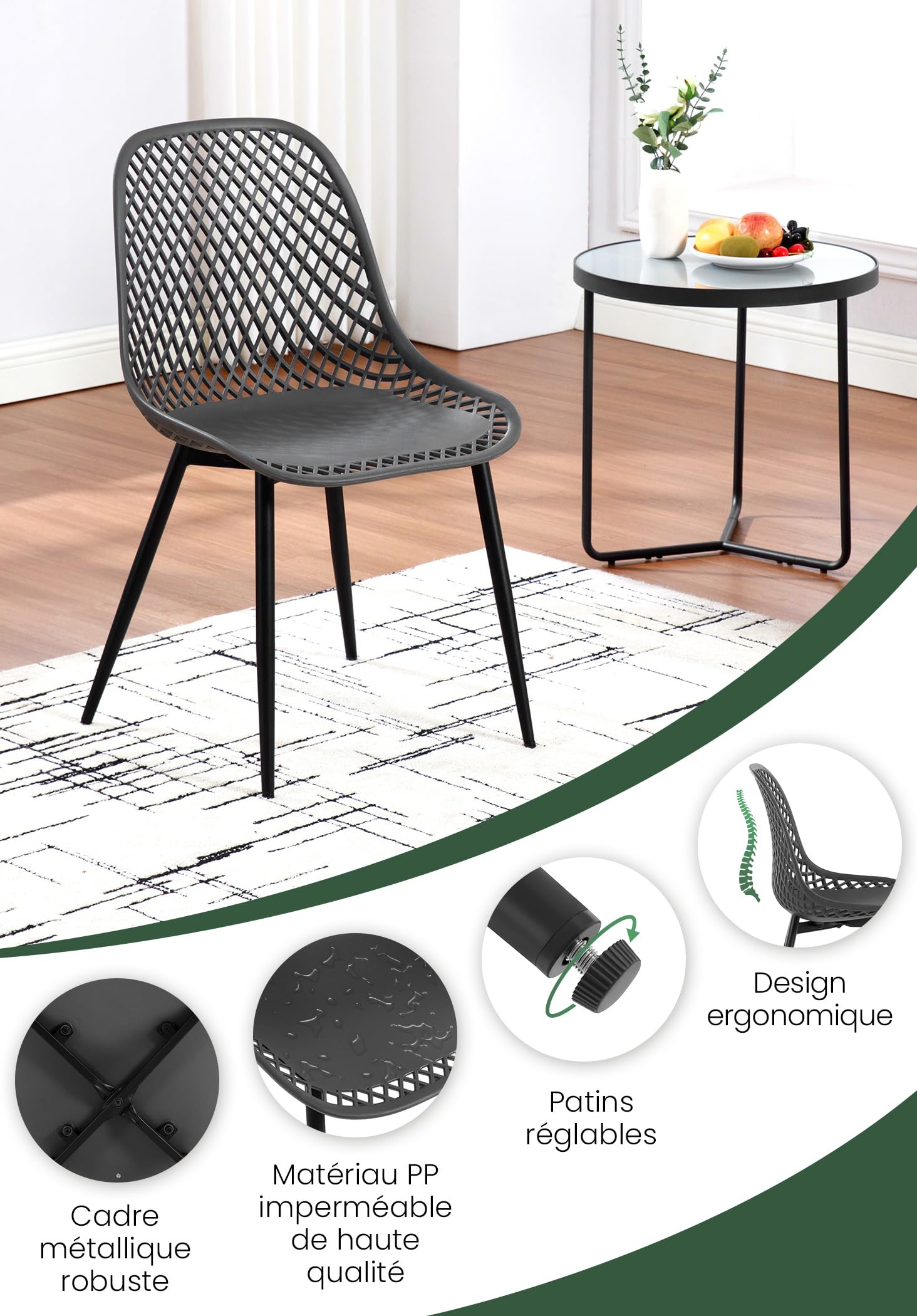WOLTU Klihome Chaise de Salle à Manger Lot de 4,Noir | Chaise de Cuisine avec Pieds en Métal, Dossier Incurvé avec Design Évidé, Siège en PP