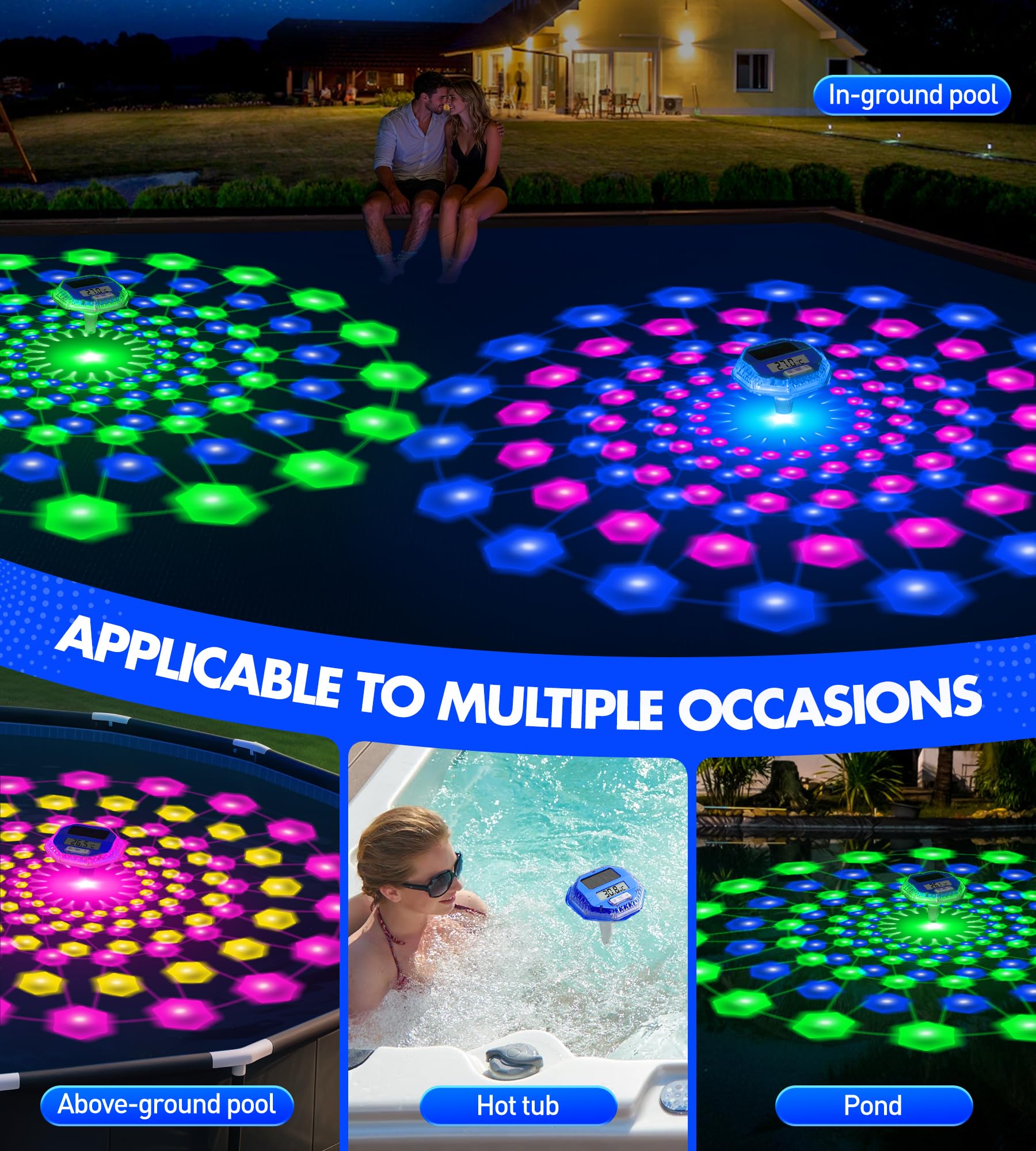 LuxBlue Thermometre Piscine Solaire, Thermomètre Piscine Flottant avec Spectacle Lumineux Sous-marin, Thermometre Piscines Numérique avec Grand Écran LCD Facile à Lire,IP68 Termomètre Piscines Digital