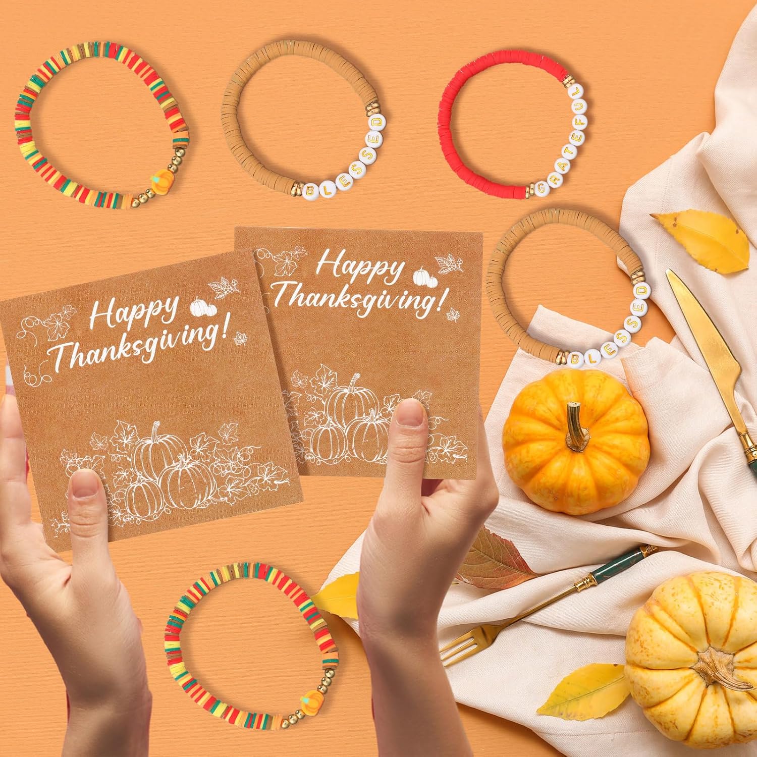 12 Set Thanksgiving Fall Bracelets with Card Thanksgiving Party Favors Pumpkin Clay Beaded Stretch Stackable Bracelets Fall Charm Pumpkin Jewelry Set for Women Party Supplies - Image 7