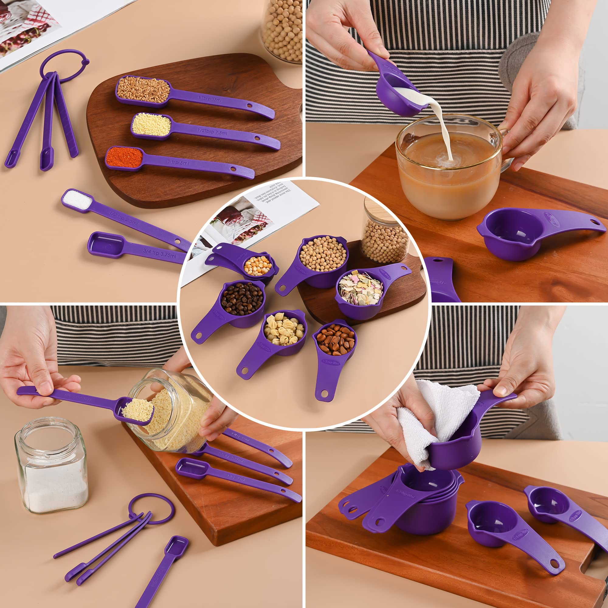 Violettes Messbecher- und Löffel-Set, 15 Stück, Kunststoff-Messbecher, 7 Kunststoff-Messbecher und 7 Kunststoff-Messlöffel mit Nivellierer, niedliche Messbecher für Backen und Küche