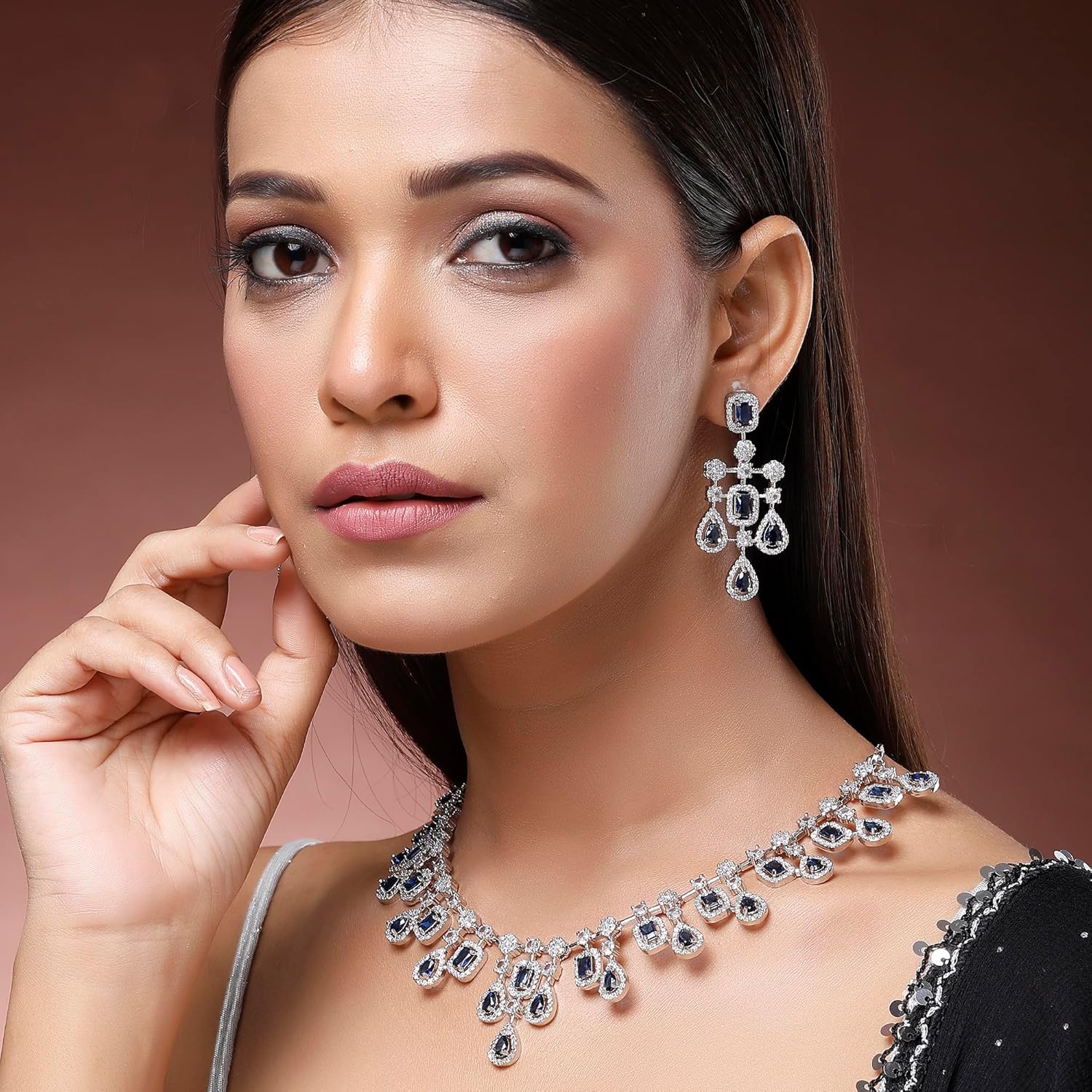 ZENEME Rhodium-Plated Silver Toned Square Shaped American Diamond Studded Necklace with Earring Jewellery Set for Girls and Women - Image 4