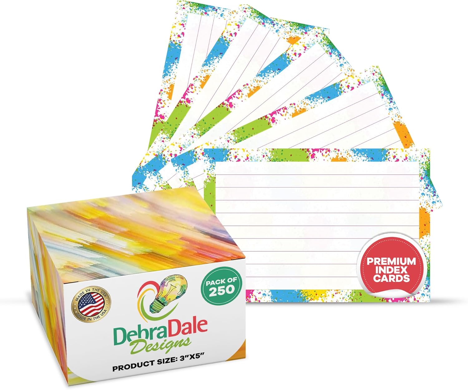 Artistic Flair 250-Pack Ruled Index Cards - 3"x5" - 140# Premium Cardstock with Paint Splatter Design - Elegantly Boxed - Made in USA
