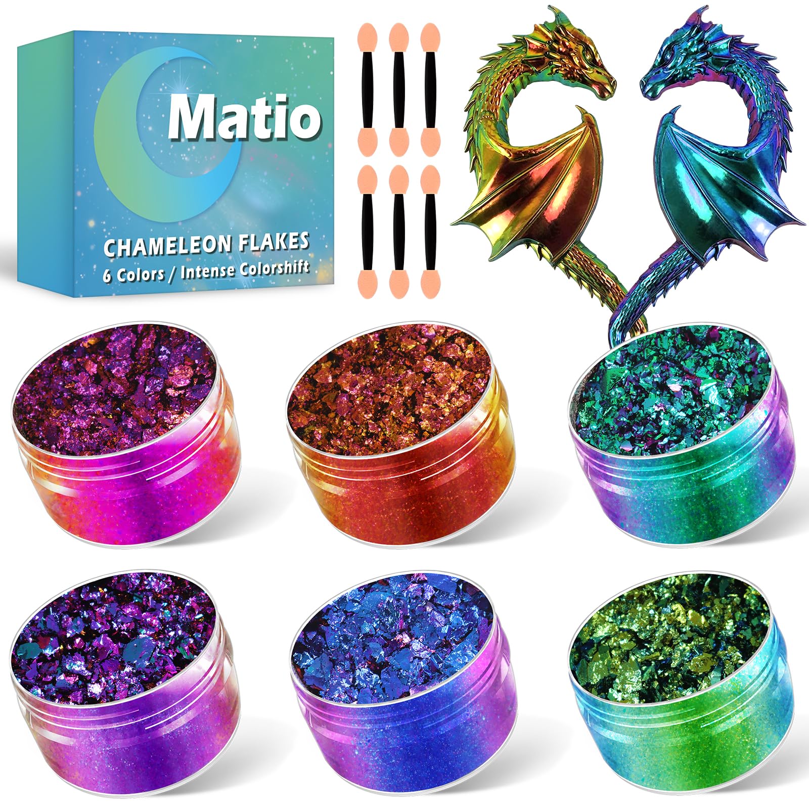 Matio Chameleon Flakes, 6 Colors Intense Color Shift Foil Flakes for Resin Supplies, Metallic Mirror Effect Chrome Powder for Halloween Dragon Resin