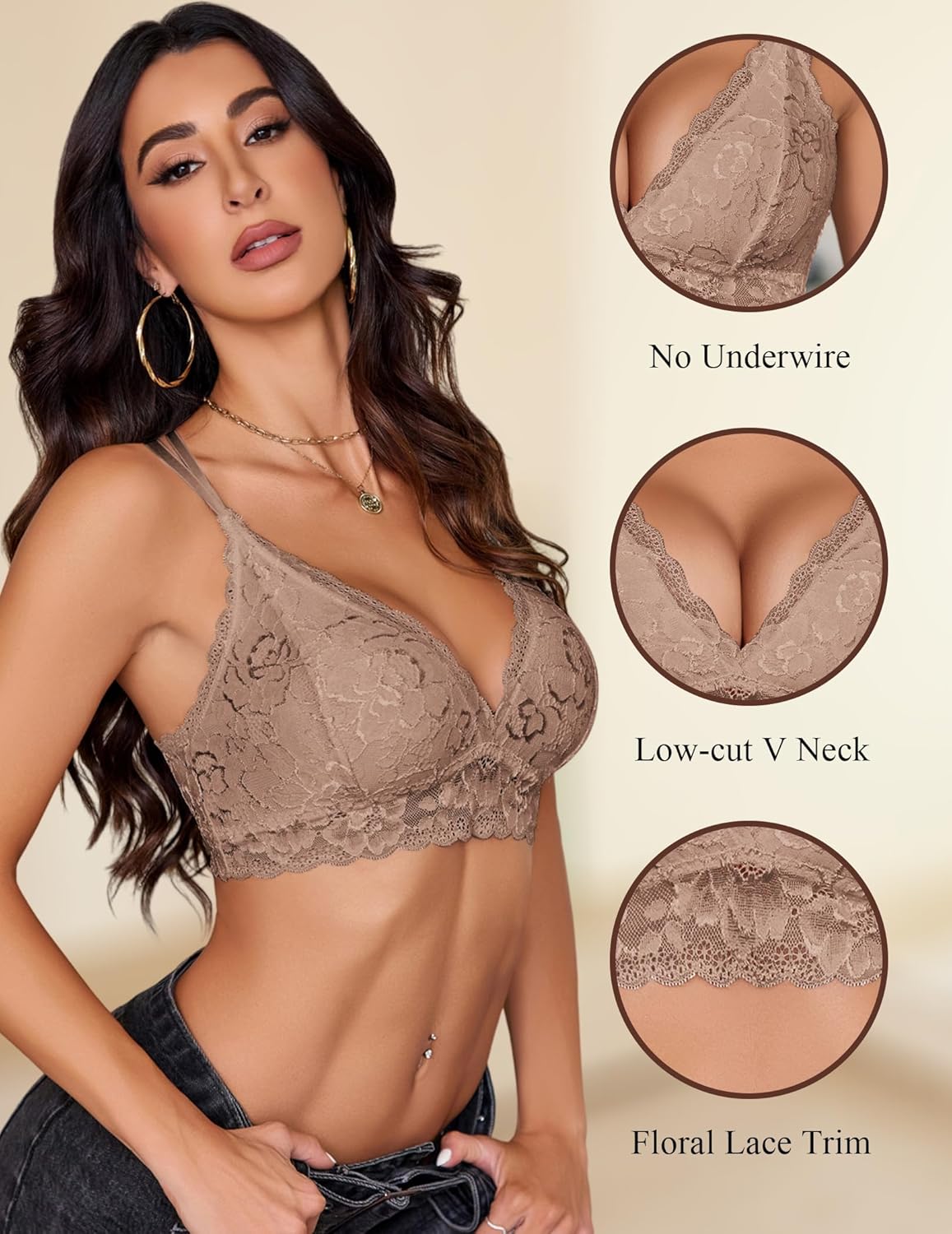 Avidlove Bras for Women Floral Lace Bralettes Deep V Sexy Bras Cross Back Longline Bralette No Padded - Image 3