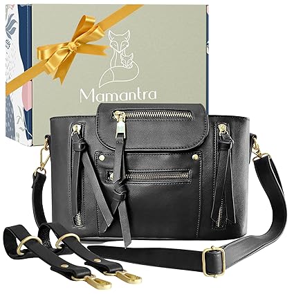 Vegan Leather Stroller Caddy - Universal Stylish Stroller Organizer Bag w Insulated Bottle Holders, Adjustable Crossbody Shoulder Strap to Convert to Handbag, Thoughtfully Designed Anti-Slip Stroller Straps by Mamantra (Black w/ Matte Gold Hardware)