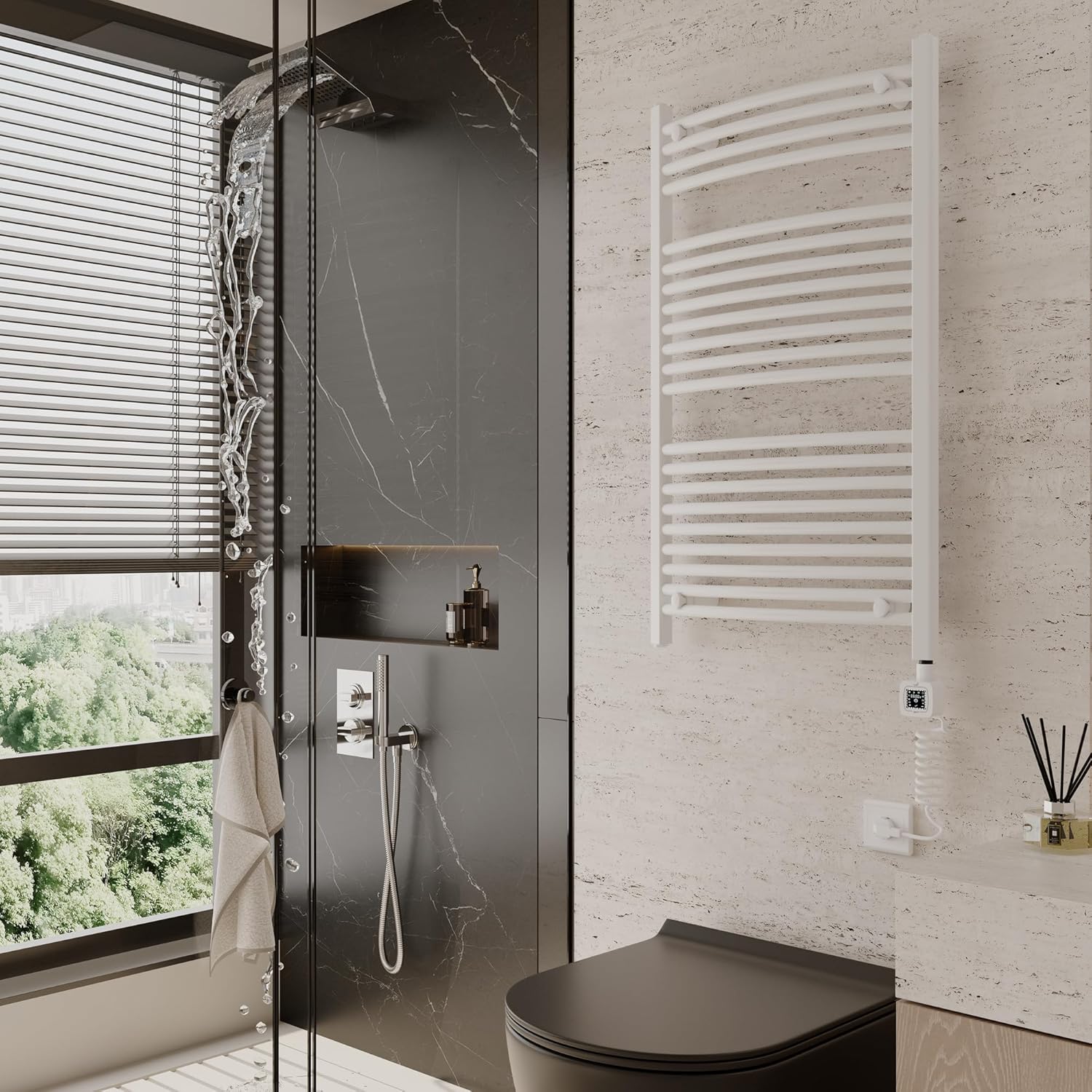 HEATGENE Smart Towel Warmer with Timer and Temperature Control, Large Smart Liquid Filled Towel Rails, Plug-in/Hardwired Towel Racks Compatible with Alexa and Google Home, Gloss White