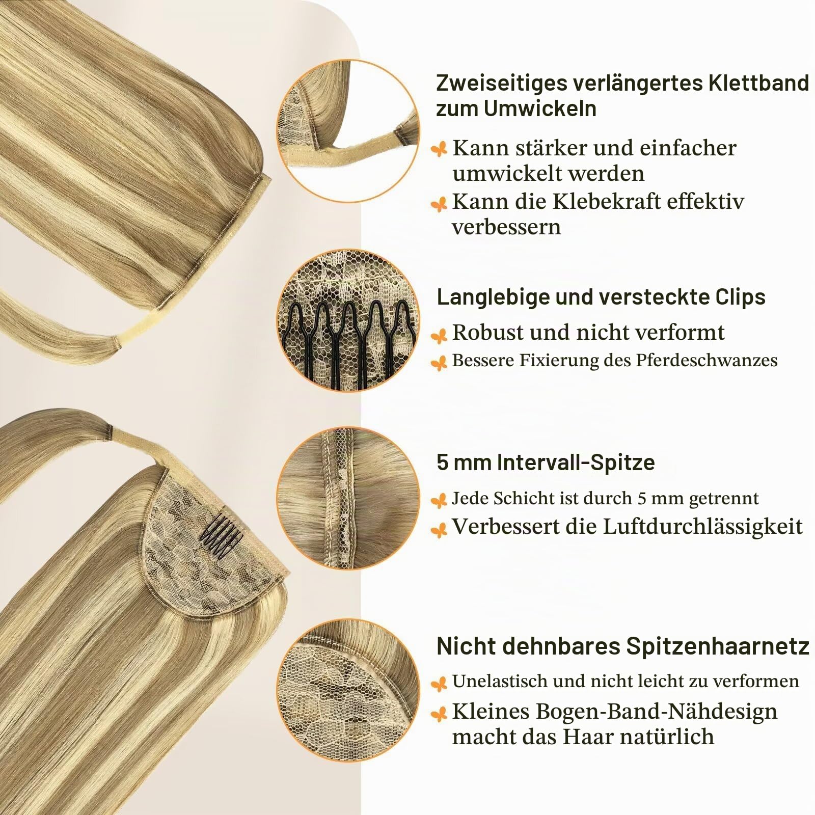 DOORES Pferdeschwanz Haarteil, Hellblond Highlights Goldblond 35cm 75g, Ponytail Extension Gerade Extensions Zopf Clip in Wickeln Sie um Remy Ponytail Echthaar Glattes Magic Paste | Haarverlängerung zum Anklippen, natürliches Echthaar, 75 g, Balayage, Hel