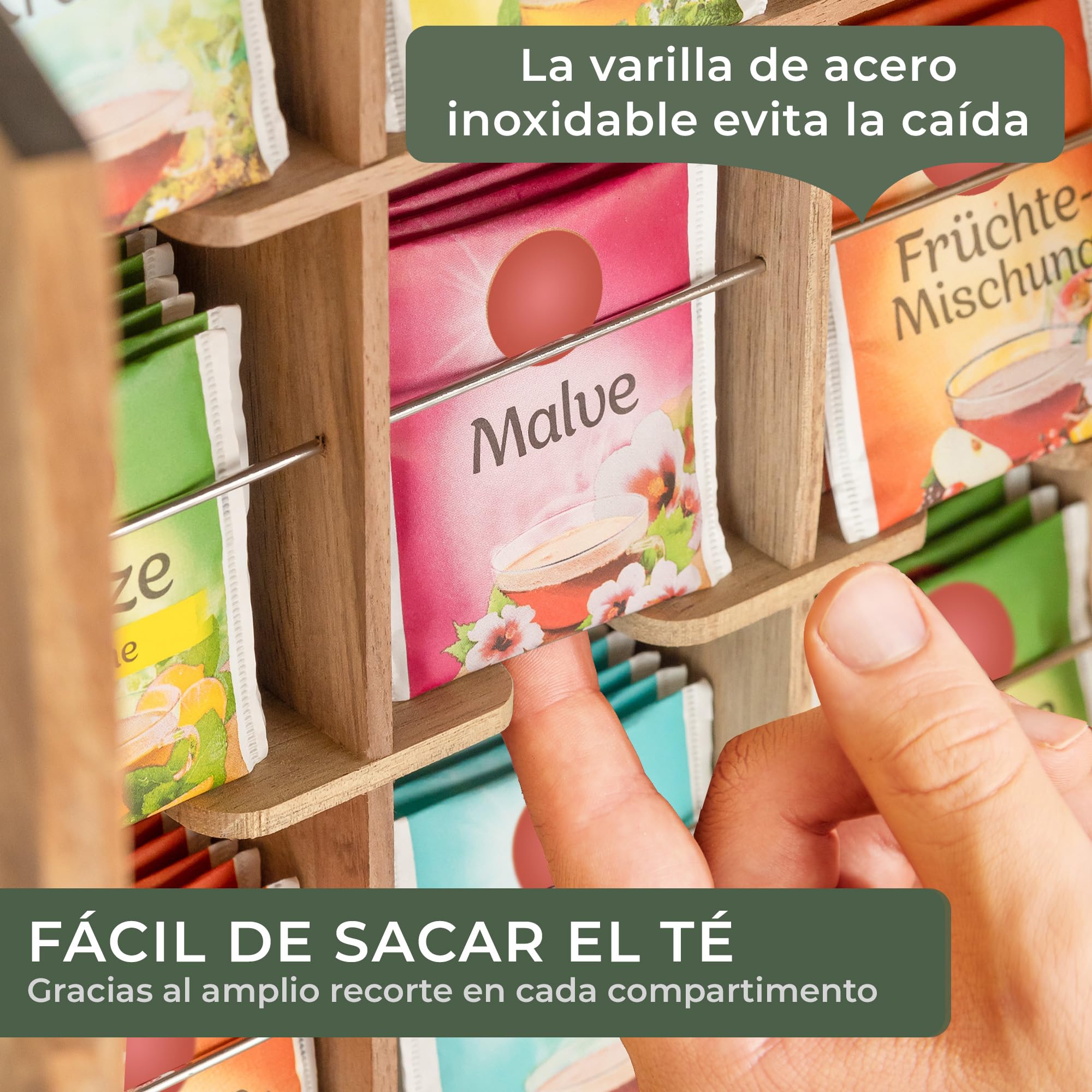 WALDWERK Caja té diseño (9 Compartimentos) de Robusta Madera de Acacia - Organizador de infusiones sin plástico - Caja te Grande con Accesorios para Montaje en Pared
