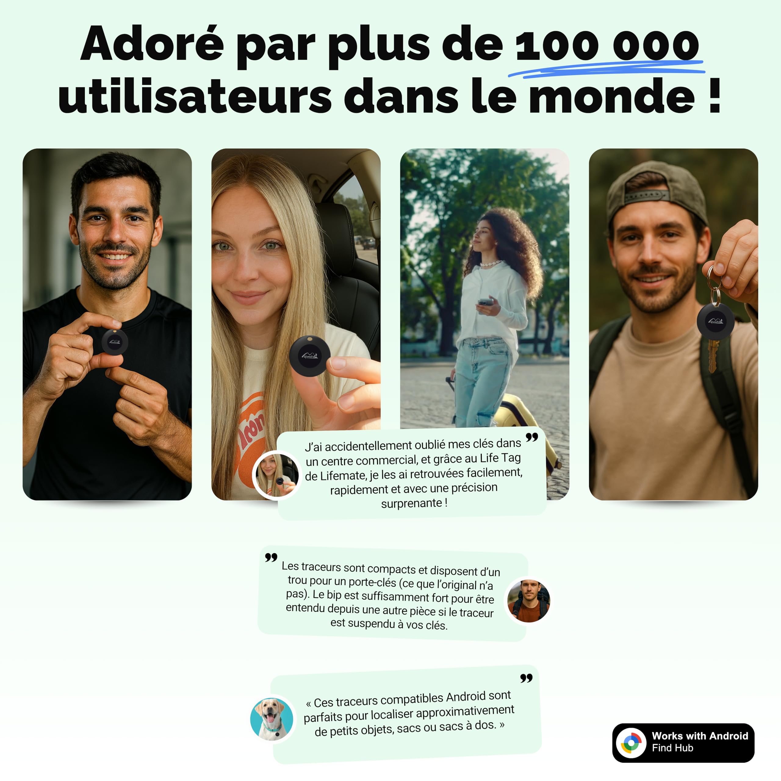 Lifemate Life Tag Android 4-Pack, Bluetooth Localisateur Intelligent Compatible avec “Localiser de Google”, Compact Android Tracker Étanche, Smart Air Tracer Tag Android pour Clés, Bagages et Animaux