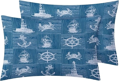 Miniatura 5 de GEDAEUBA Sábanas náuticas tamaño King  Sábanas marítimas para niños y niñas, juego de sábanas azul verde azulado con sábana bajera de bolsillo