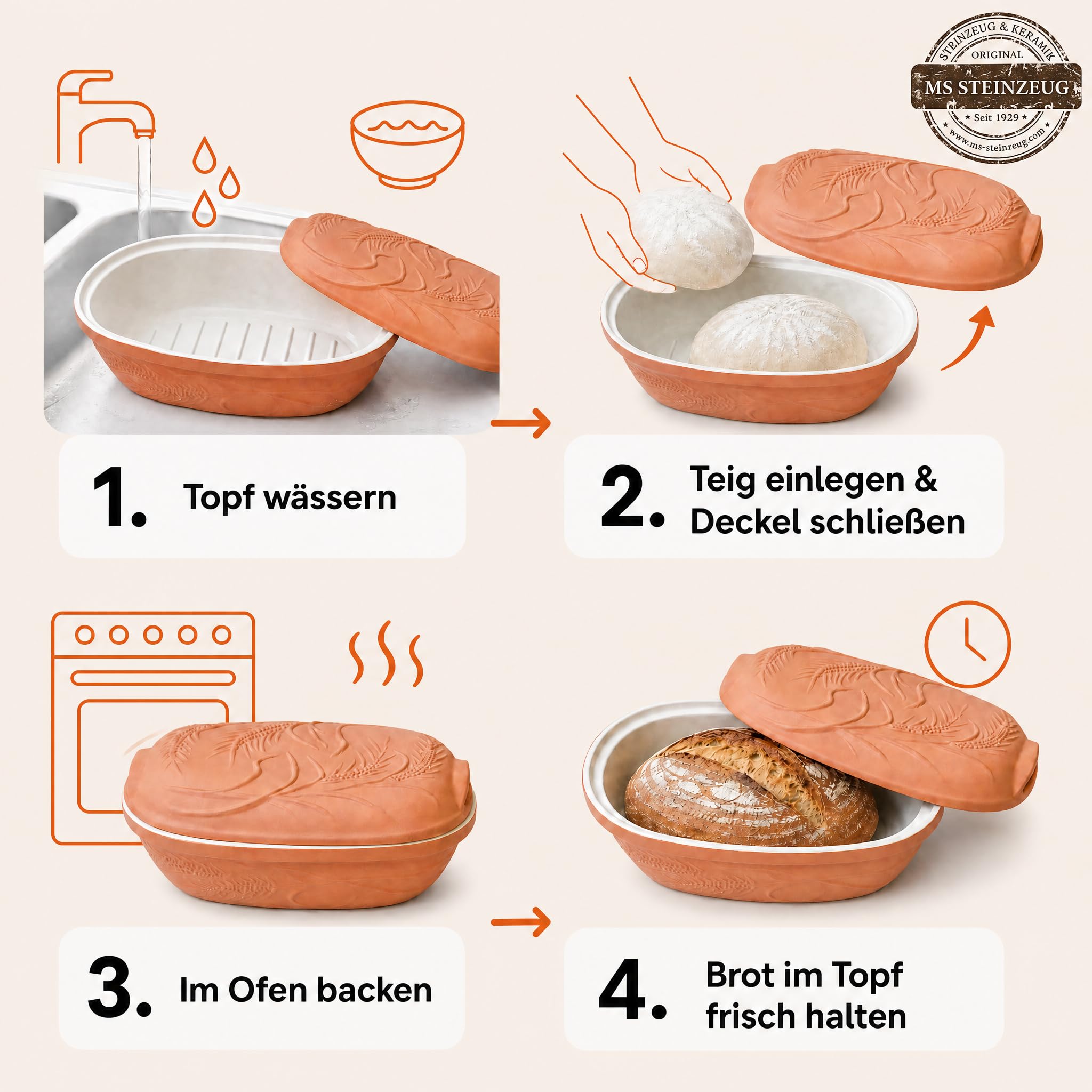MS Steinzeug Brottopf Terrakotta TerraStone, oval mit Deckel, 38x24x14 cm | Brotbacktopf aus offenporigem Naturton zum Backen und Aufbewahren – speichert Feuchtigkeit für frisches Brot