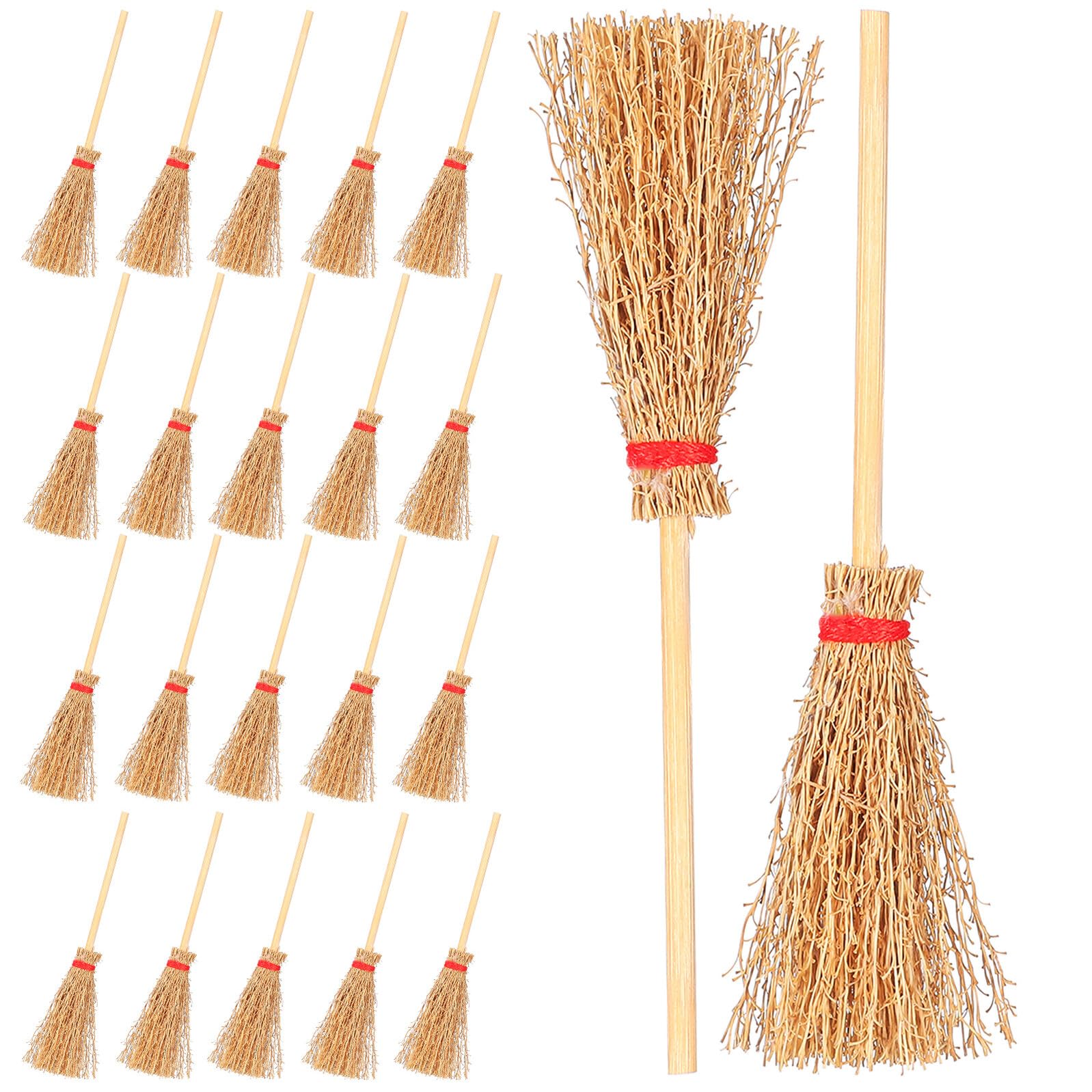 Alasum 50Pcs Miniature Dollhouse Brooms with Red String, 9.5cm Wood Witch Broomstick Model, Fairy Garden Mini Landscape Decoration Set for Tiny Playhouse Crafts and Halloween Scene Props