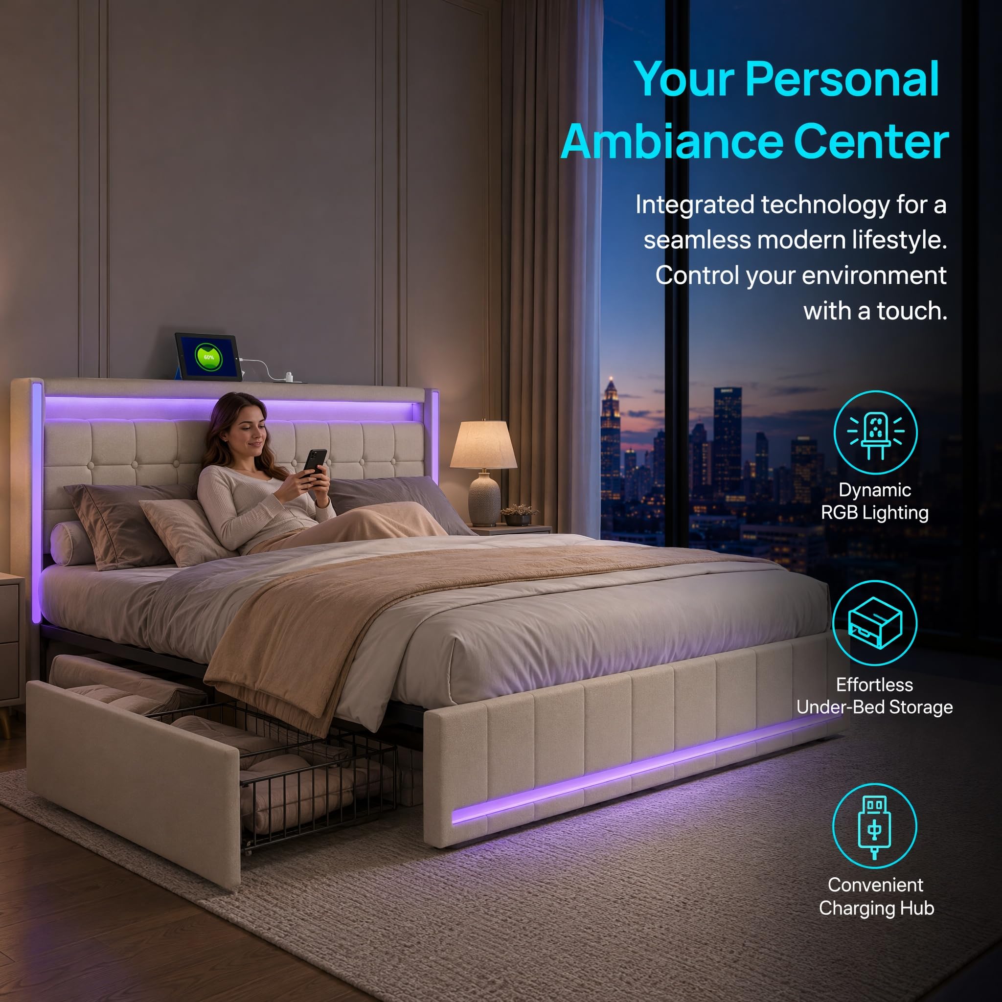 DADEA Letto Cassettone 140x190 con 4 Cassetti, Letto Matrimoniale con LED e USB, Letti Matrimoniali Imbottiti con Testiera PortaoggettiLetto Imbottito Matrimoniale con Contenitore, Nessun Materasso
