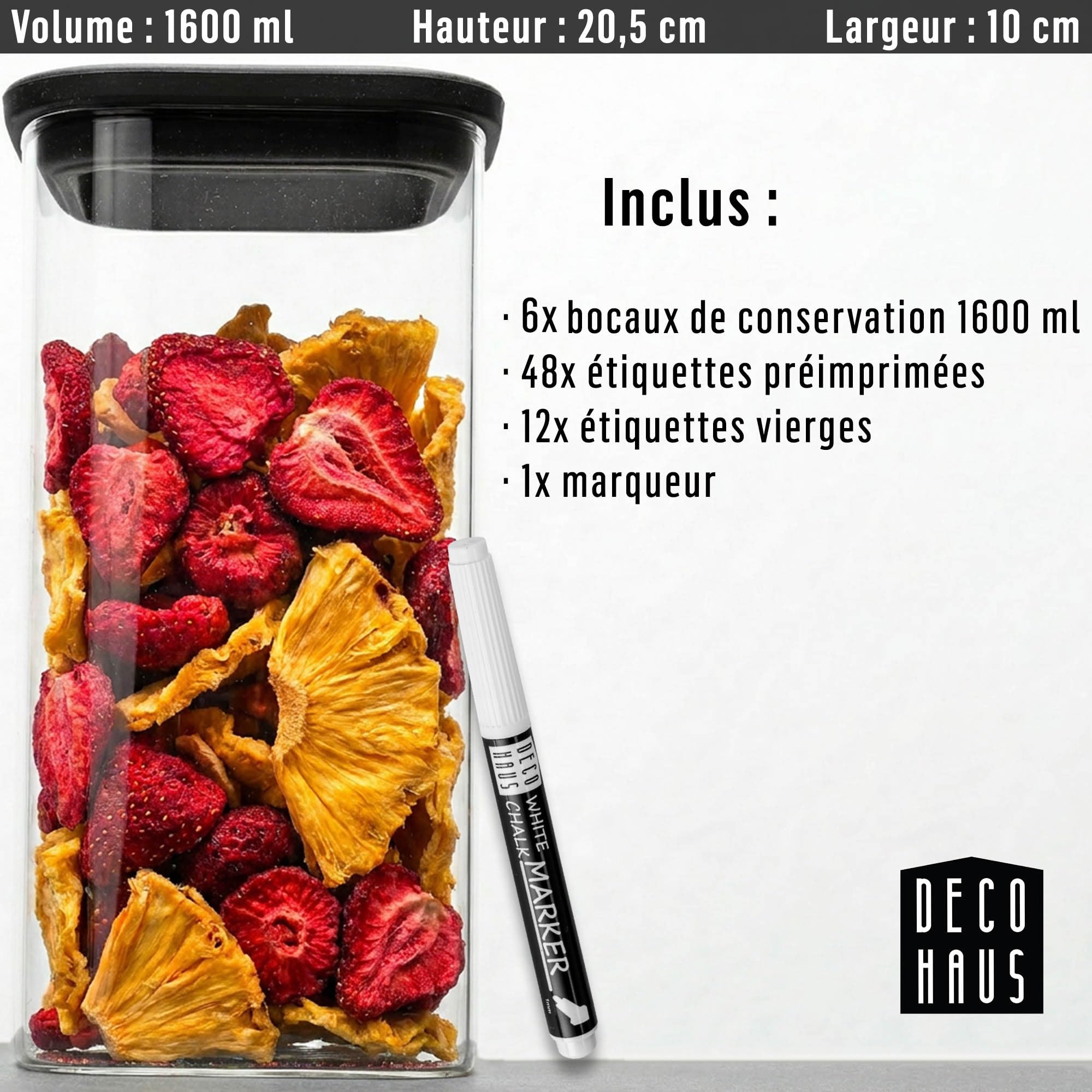 Deco haus Bocaux en Verre Hermétique +ÉTIQUETTES - Bocal en Verre 6x 1600ml