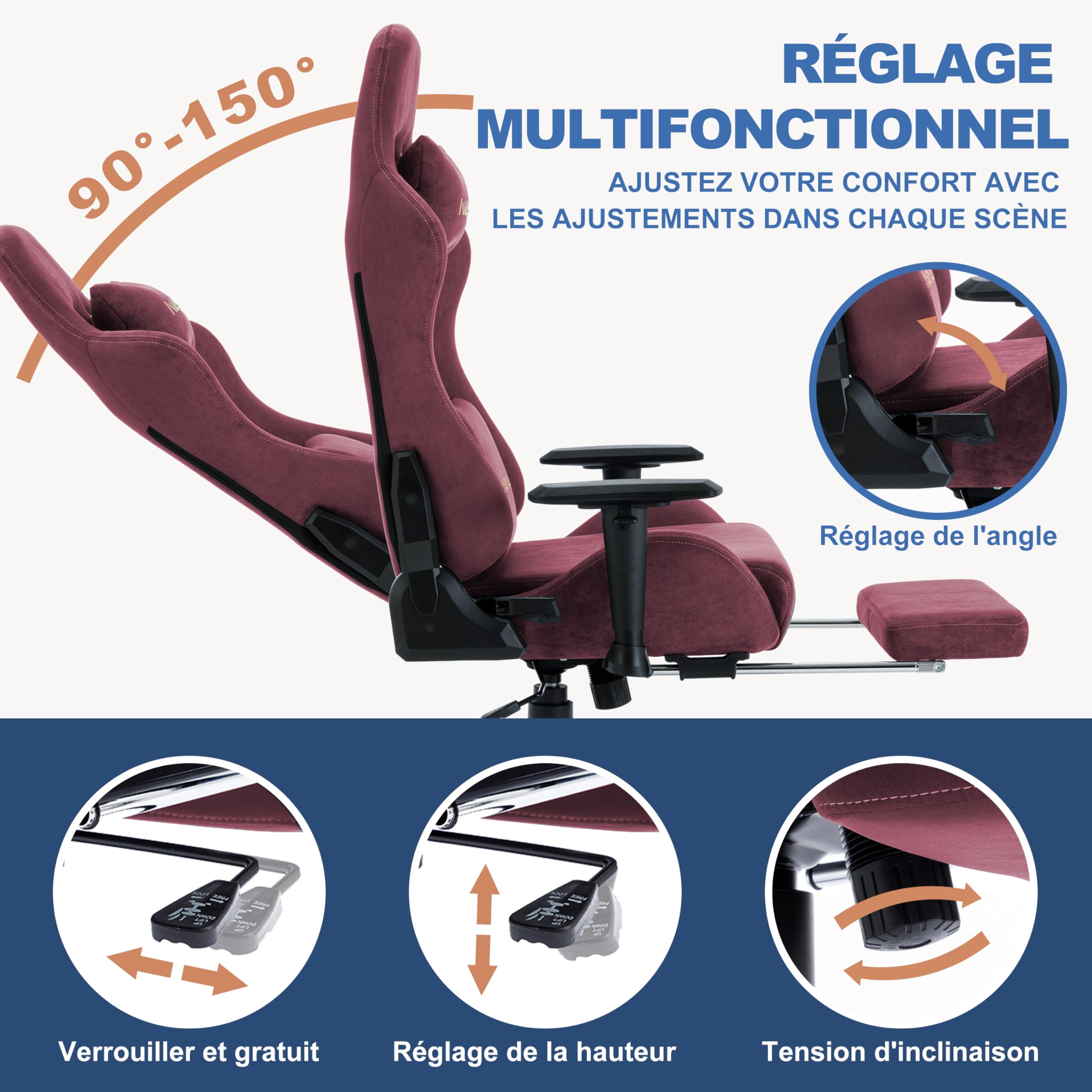 Andyou Chaise Gaming Ergonomique et Fauteuil Gamer avec Repose-Pieds Télescopique Coussin à Ressorts, Support Lombaire et Hauteur Réglable 200kg Rouge