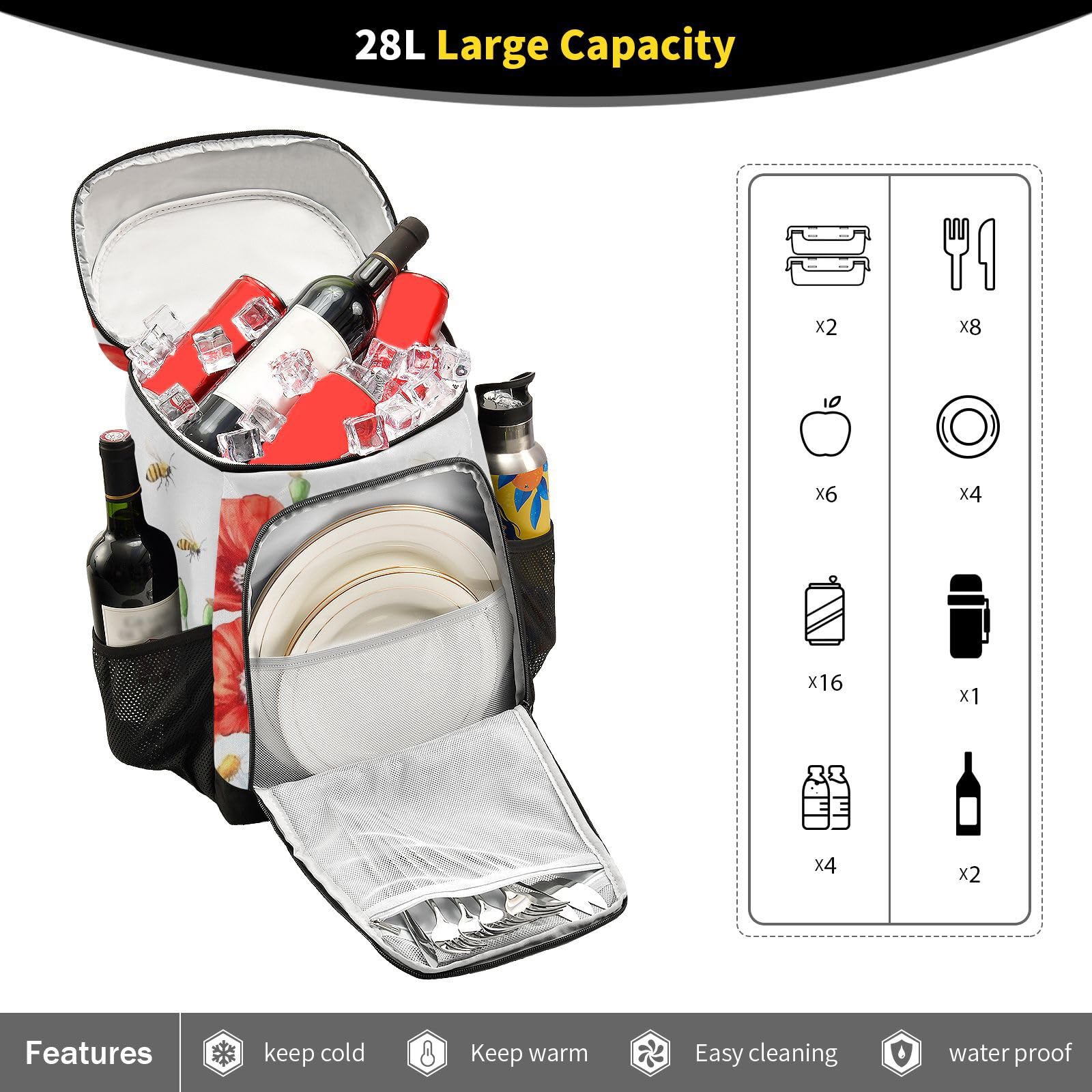 Poppy Flower Red Poppies Daisy Cooler Backpack Cooler Insulated Leak Proof Lunch Backpack 36 Cans Waterproof Soft for Men Women Picnic Hiking Camping Beach