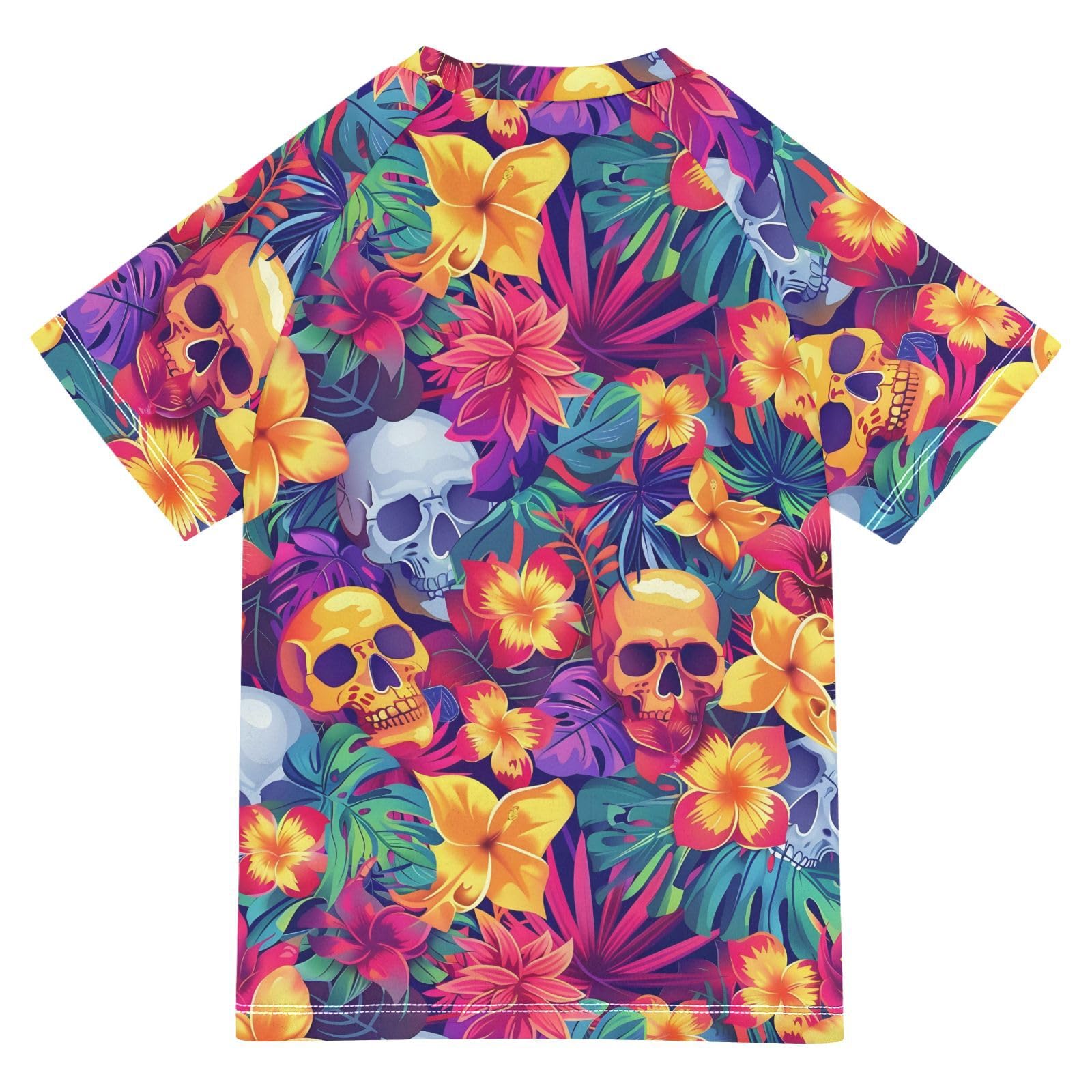 Boys Rash Guard Short Sleeve Swim Shirts for Boys Skulls Tropical Flowers Sun Protection 7-8T