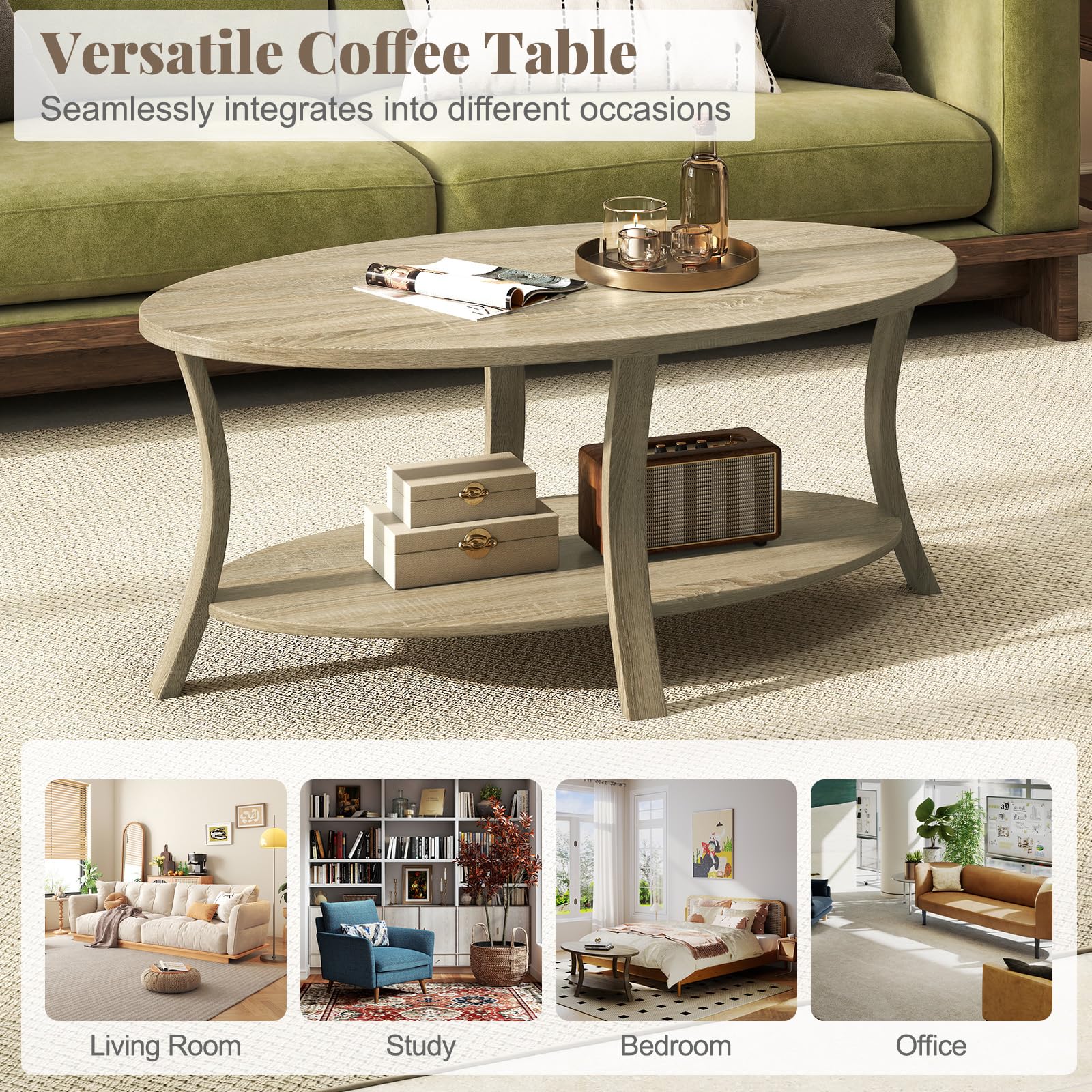 LIFEZEAL Ovaler Couchtisch Holz, Wohnzimmertisch mit 2 Ebenen & Ablagefach, Rustikaler Sofatisch für Zuhause, Büro, 111 x 60,5 x 47 cm (Natur)