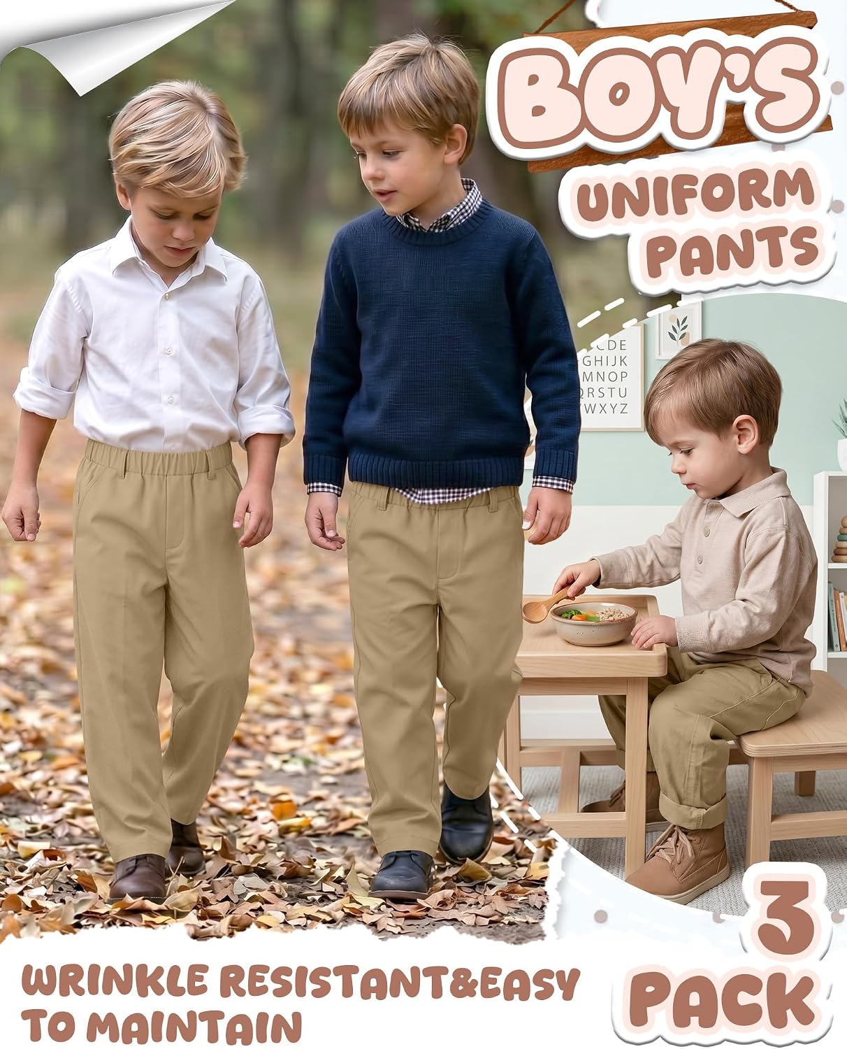 3 Pack Toddler Boys School Uniform Pants, Elastic Waist Straight Leg Pull-on Pants with Pockets for Toddler